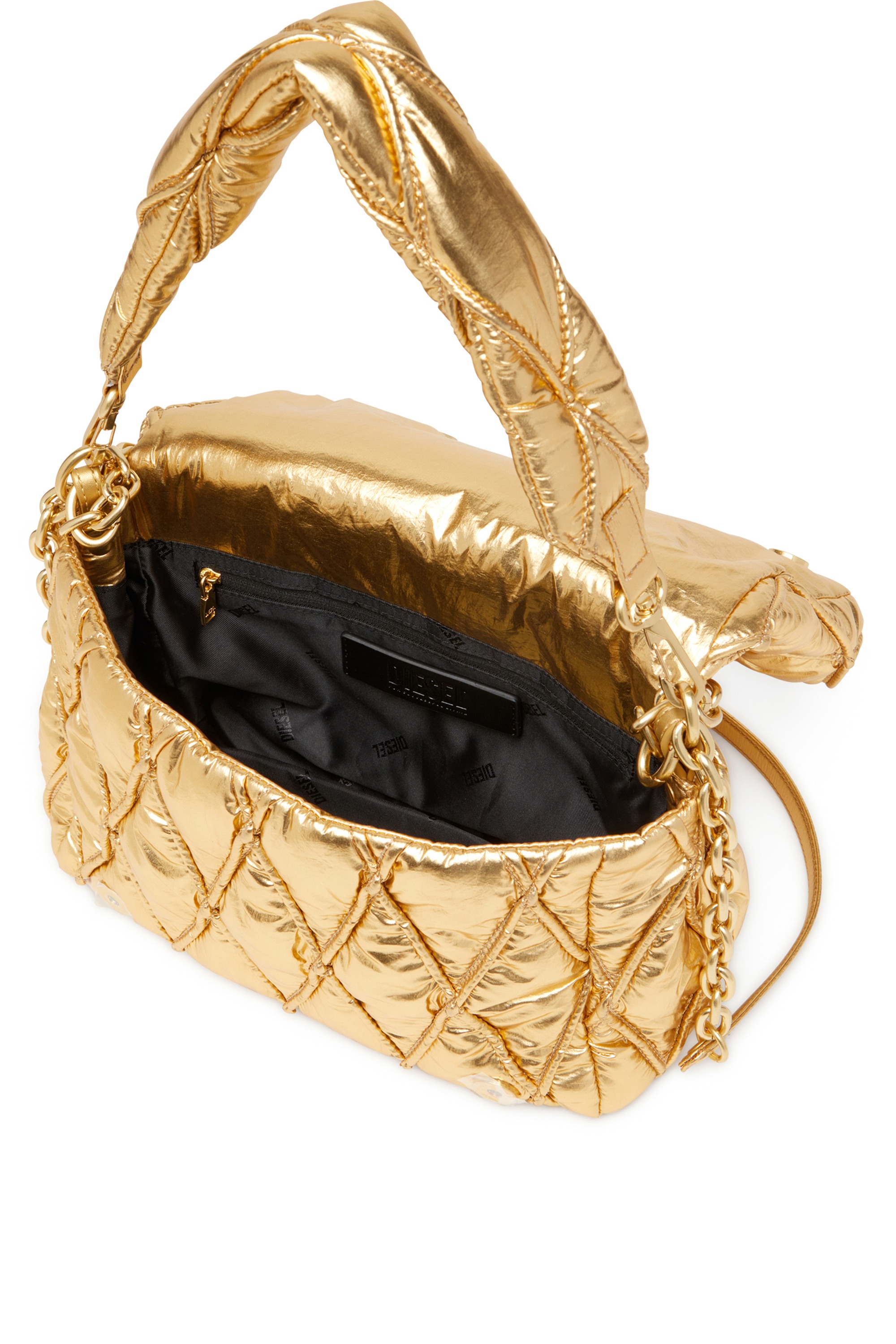 Gold Charm-D M-Shoulder bag in quilted metallic nylon