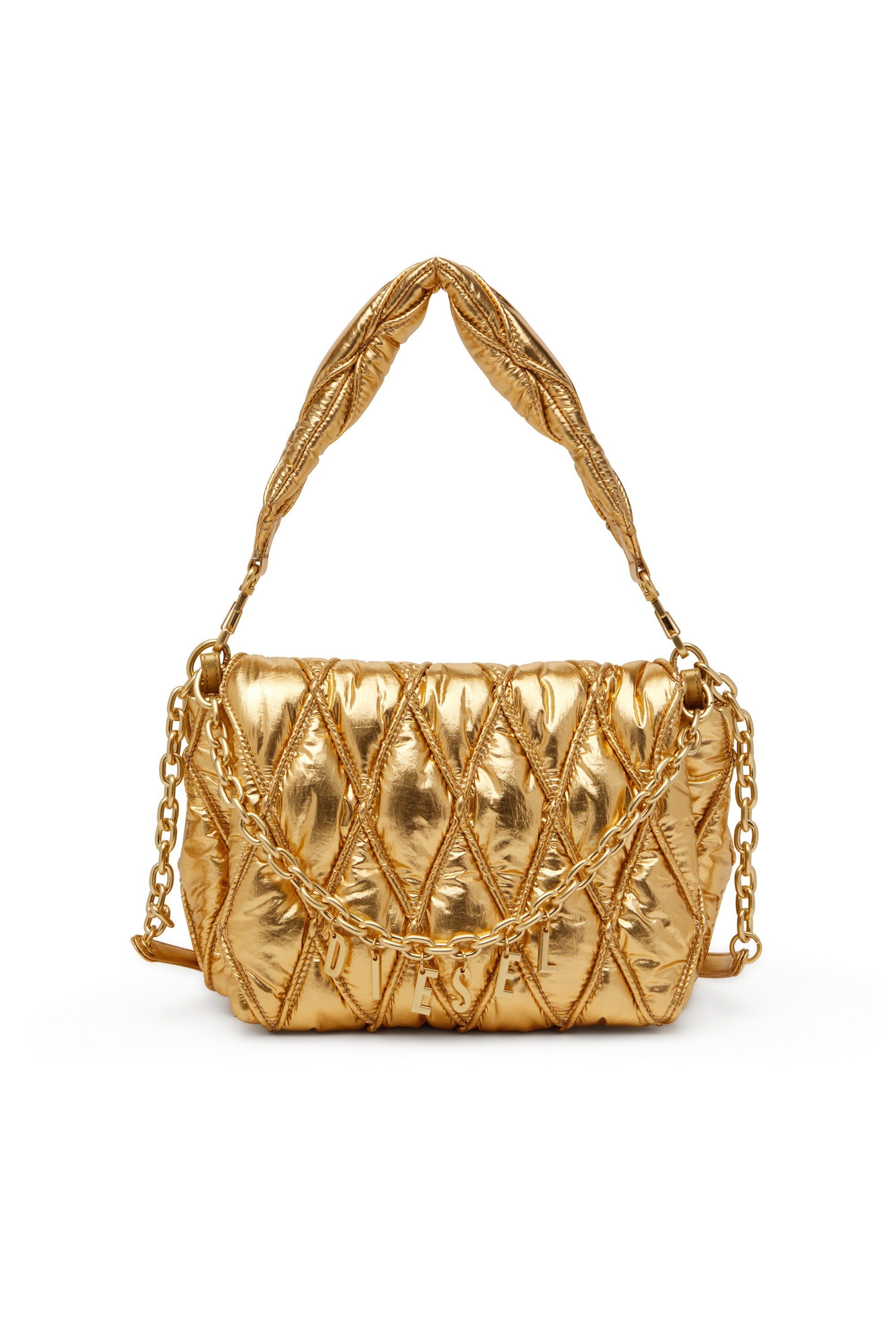 Gold Charm-D M-Shoulder bag in quilted metallic nylon