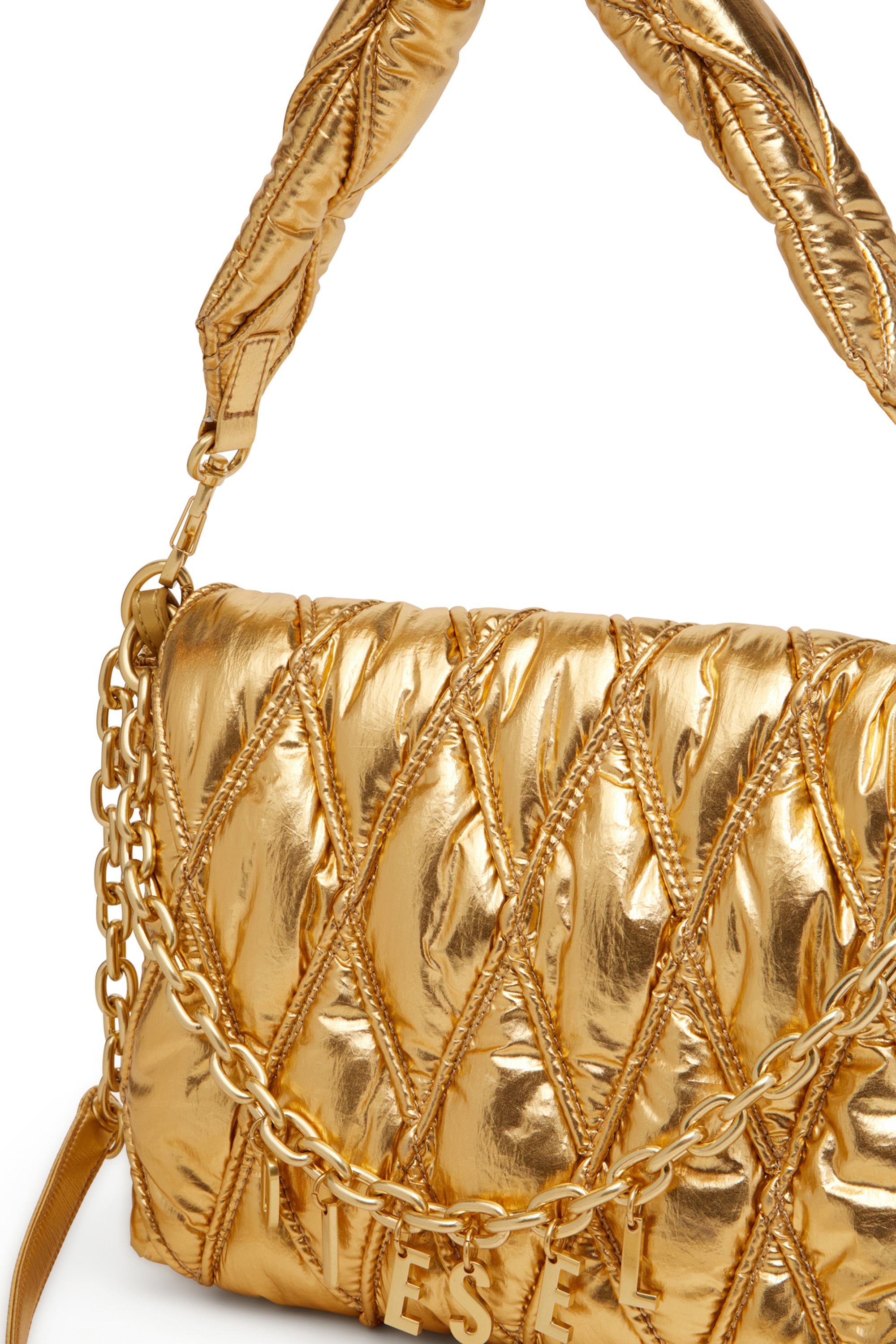 Gold Charm-D M-Shoulder bag in quilted metallic nylon