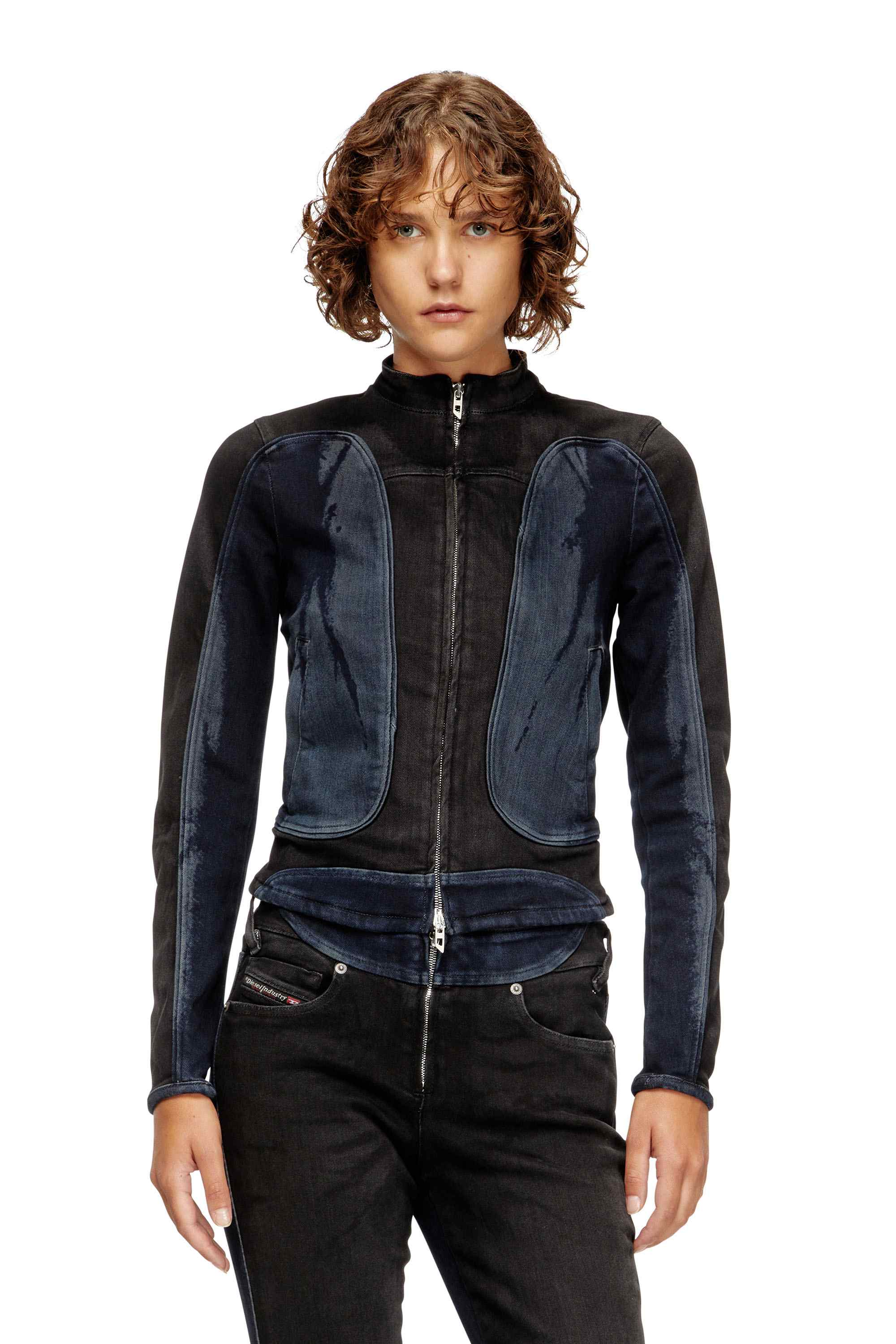 Black Biker-style jacket in bicolour denim