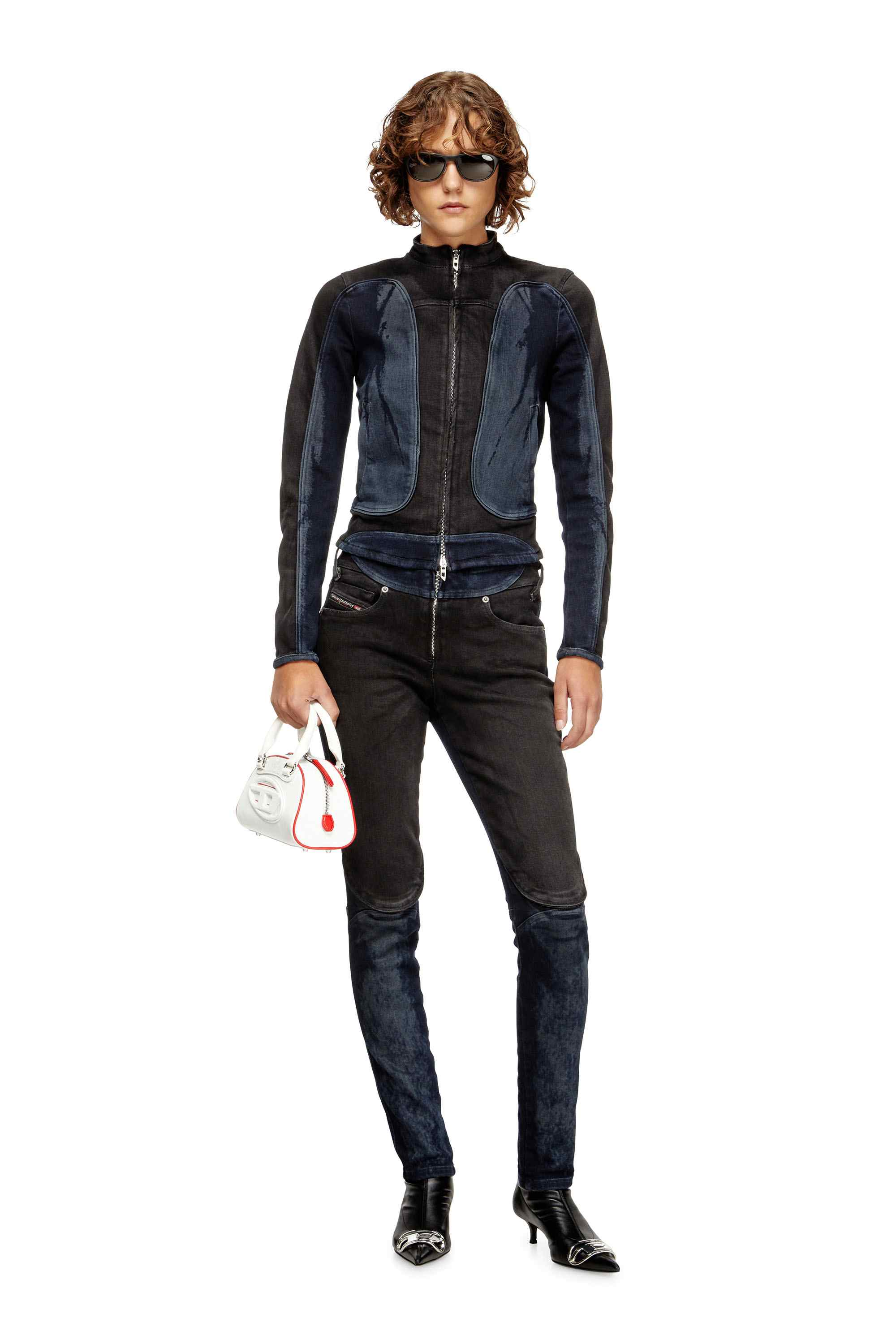 Black Biker-style jacket in bicolour denim