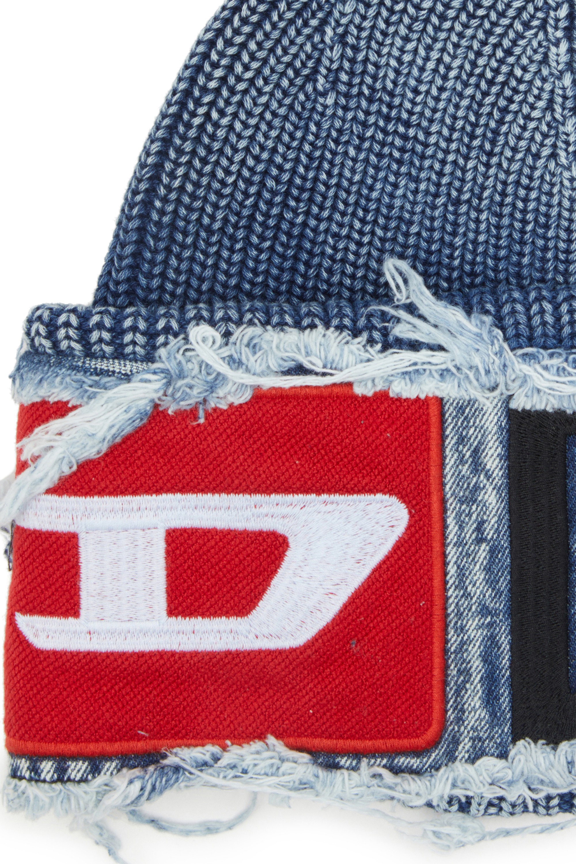 Blue Denim effect beanie with bold patch detail