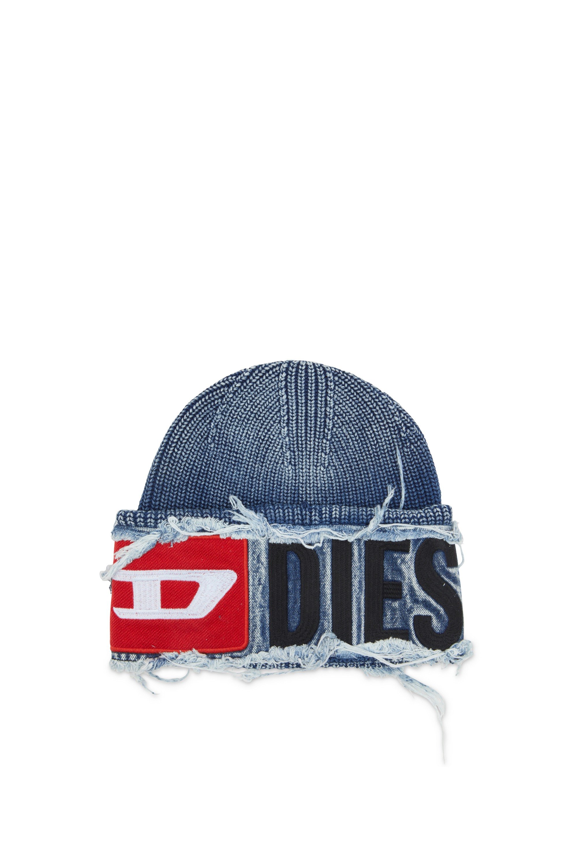 Blue Denim effect beanie with bold patch detail