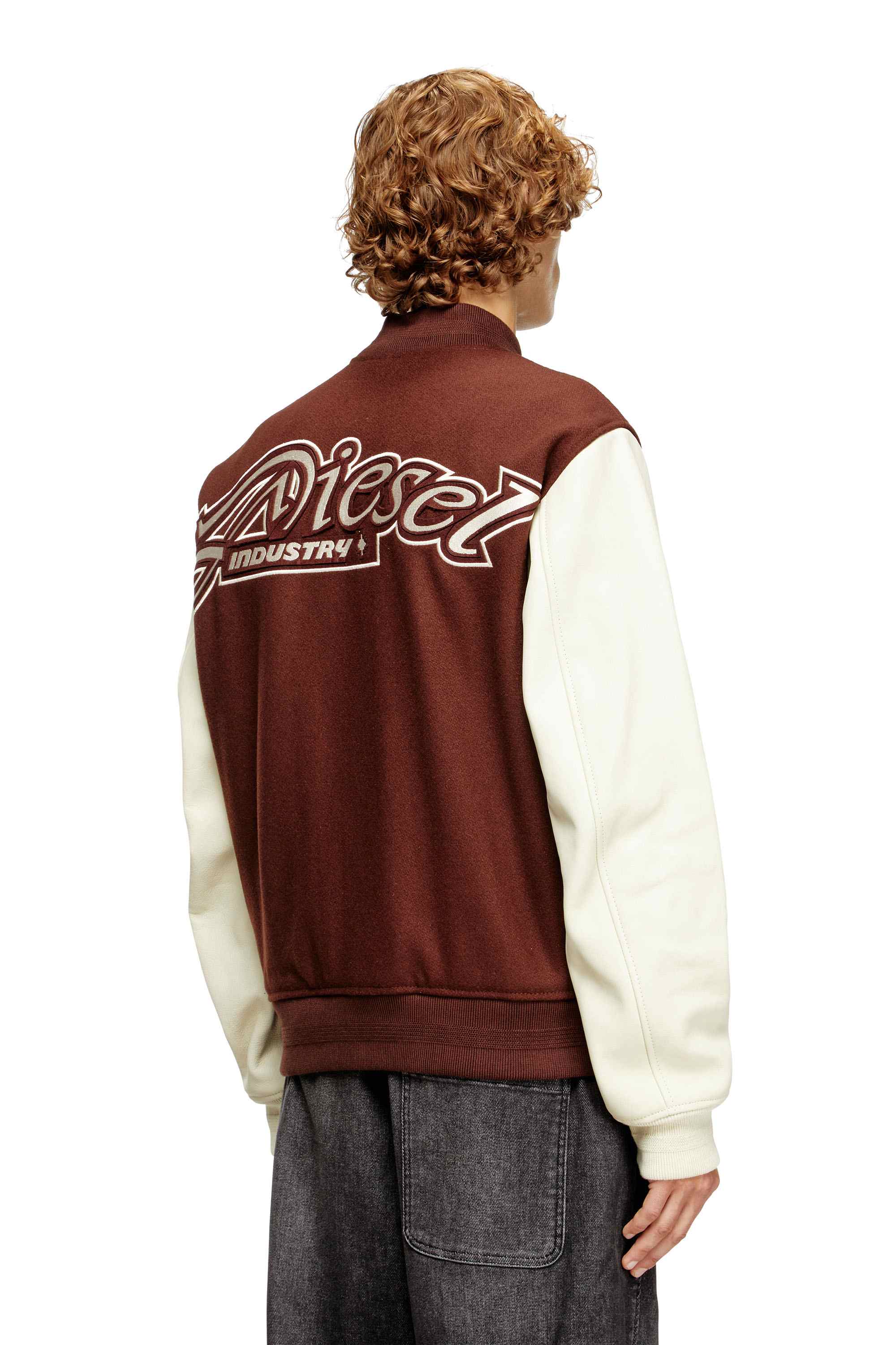 Brown Padded bomber jacket in wool and leather