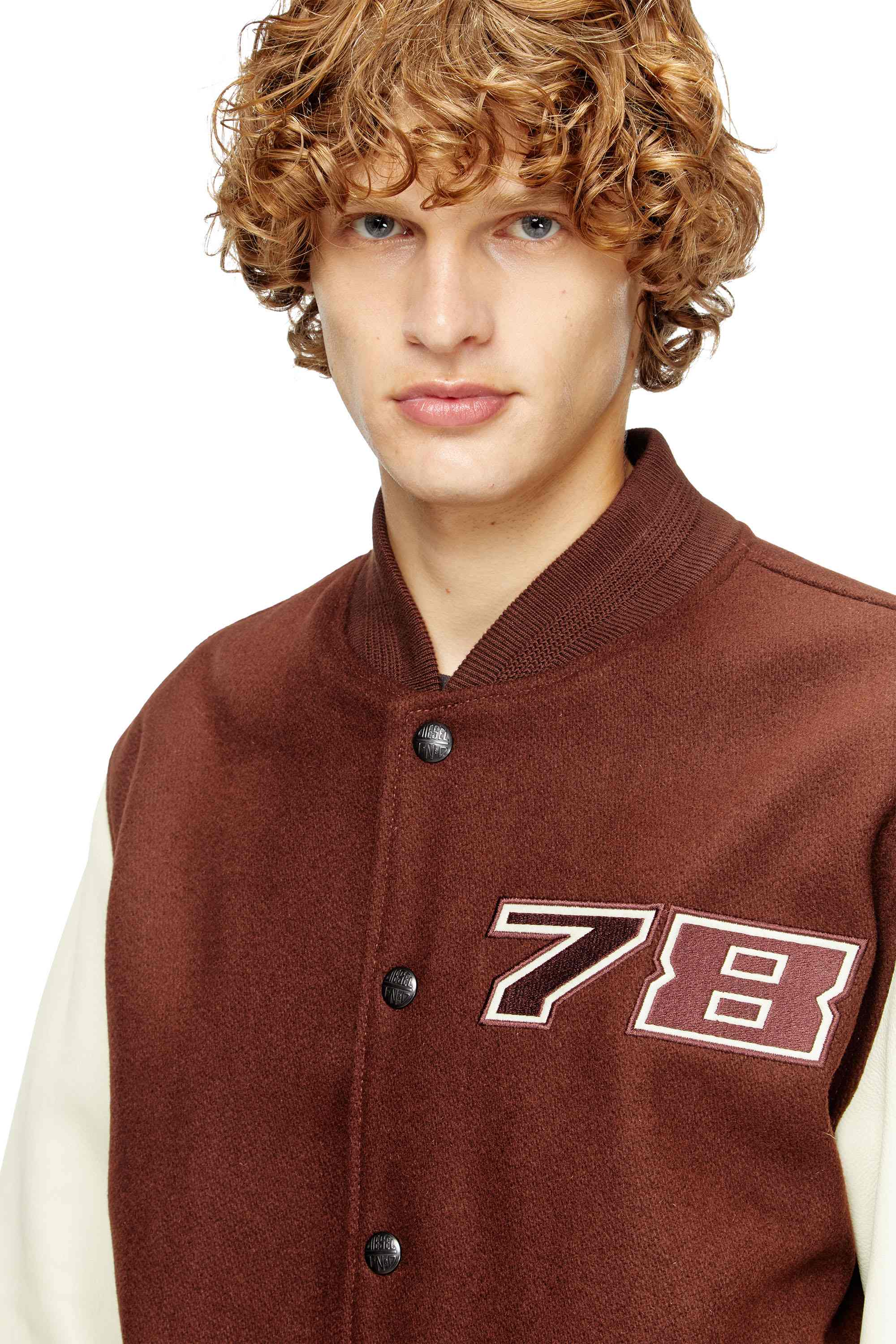 Brown Padded bomber jacket in wool and leather