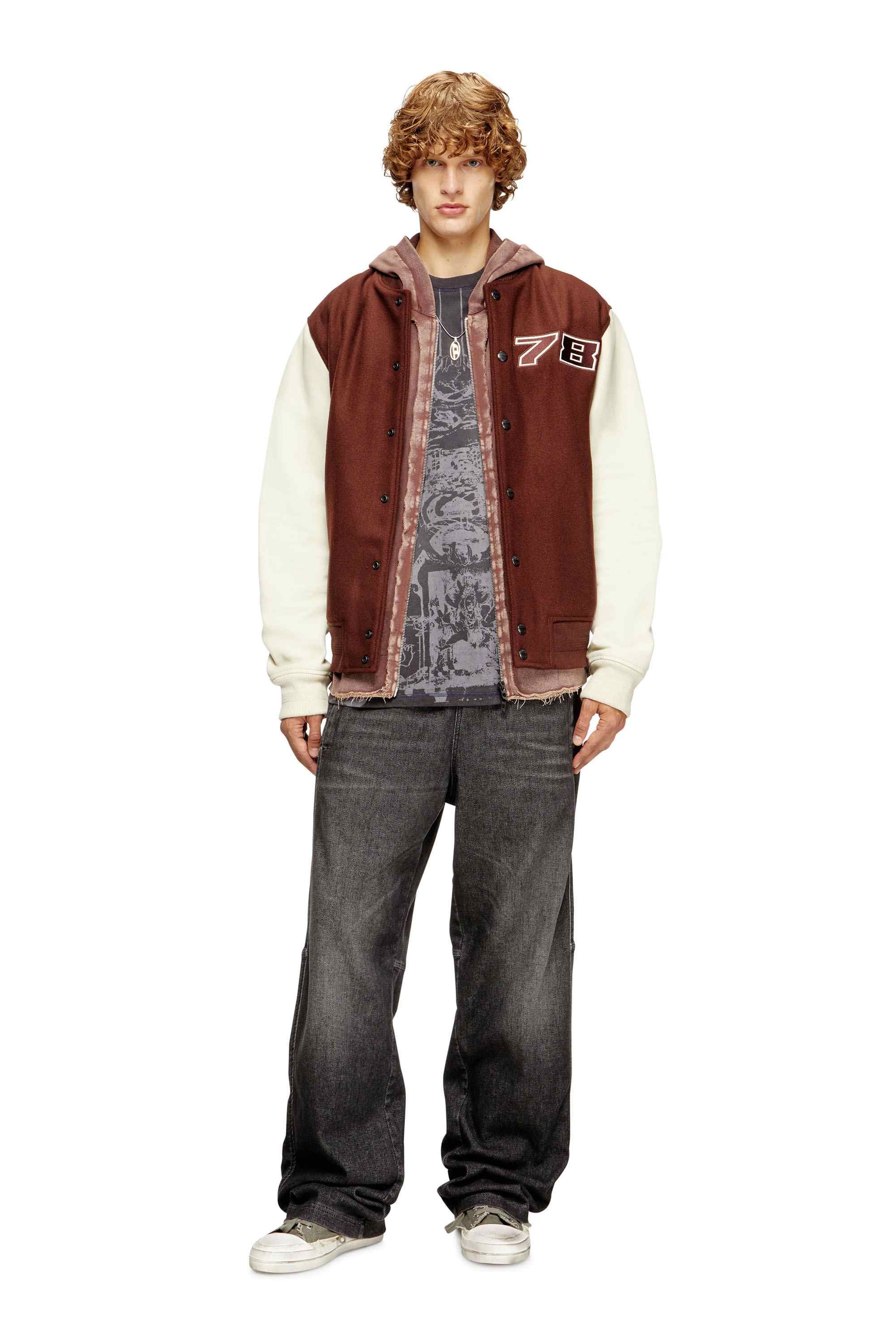 Brown Padded bomber jacket in wool and leather