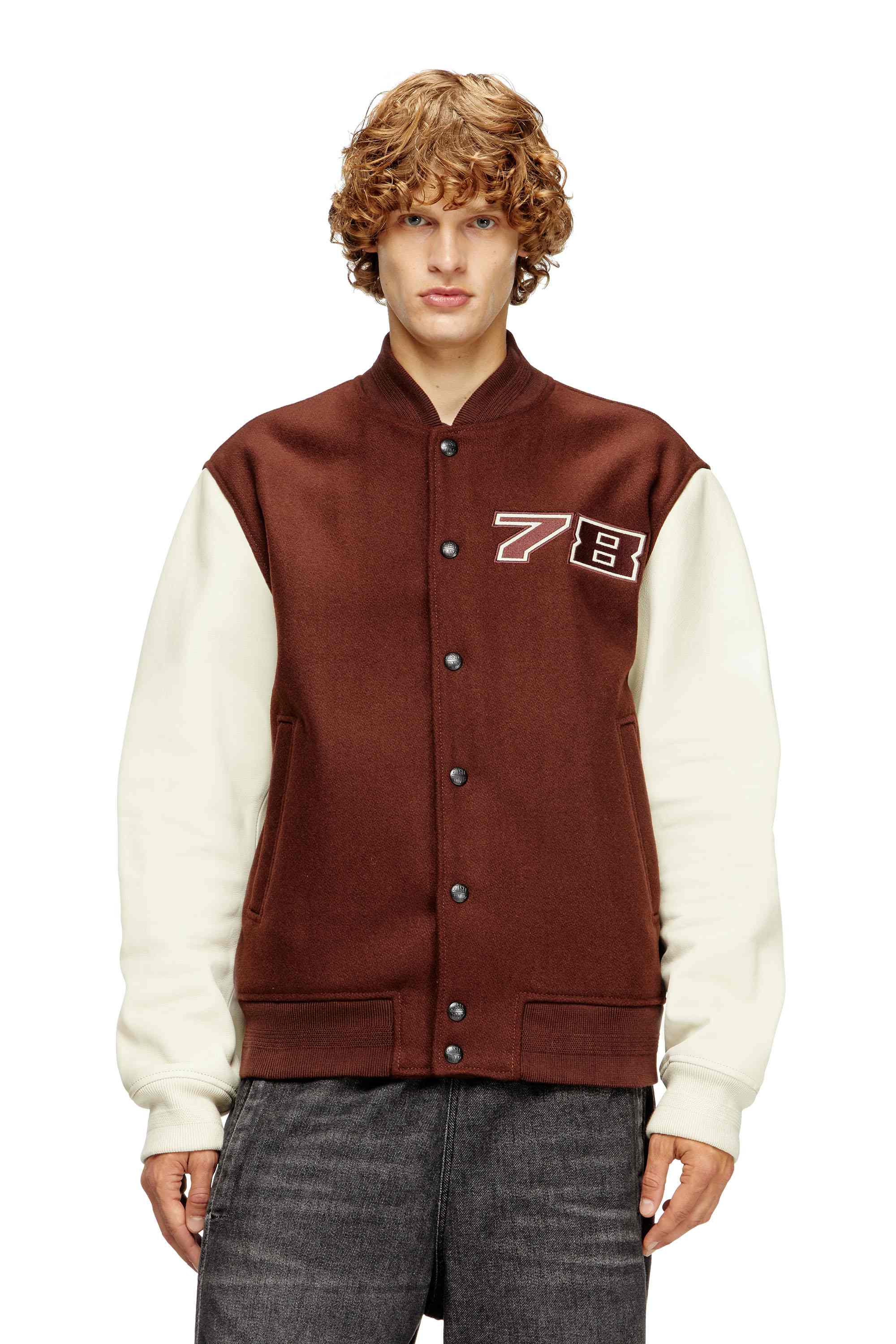 Brown Padded bomber jacket in wool and leather