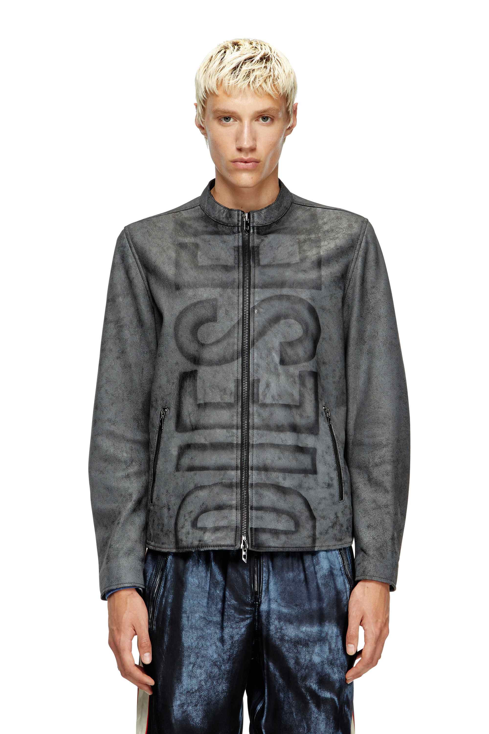 Grey Treated leather biker jacket with faded logo