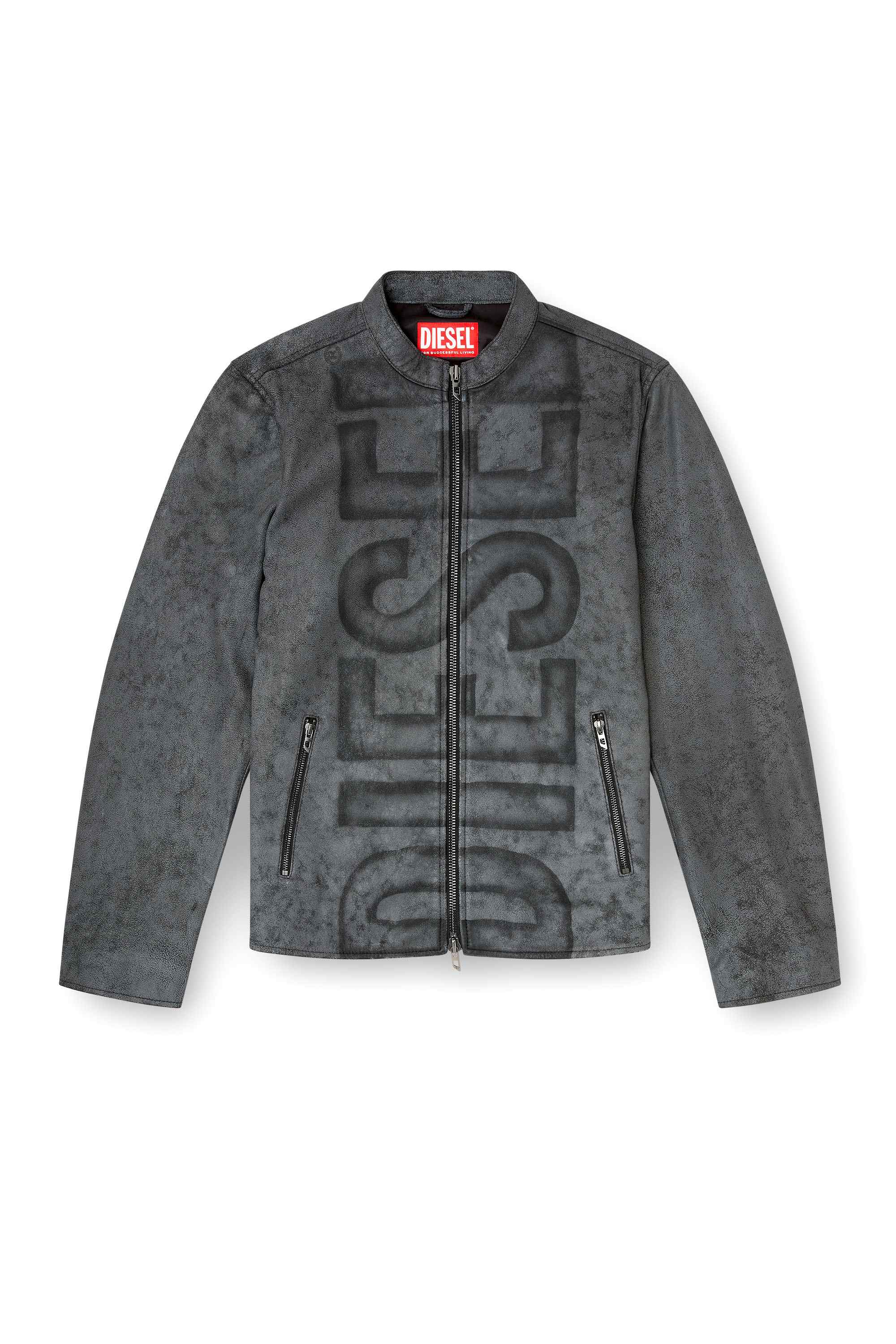 Grey Treated leather biker jacket with faded logo