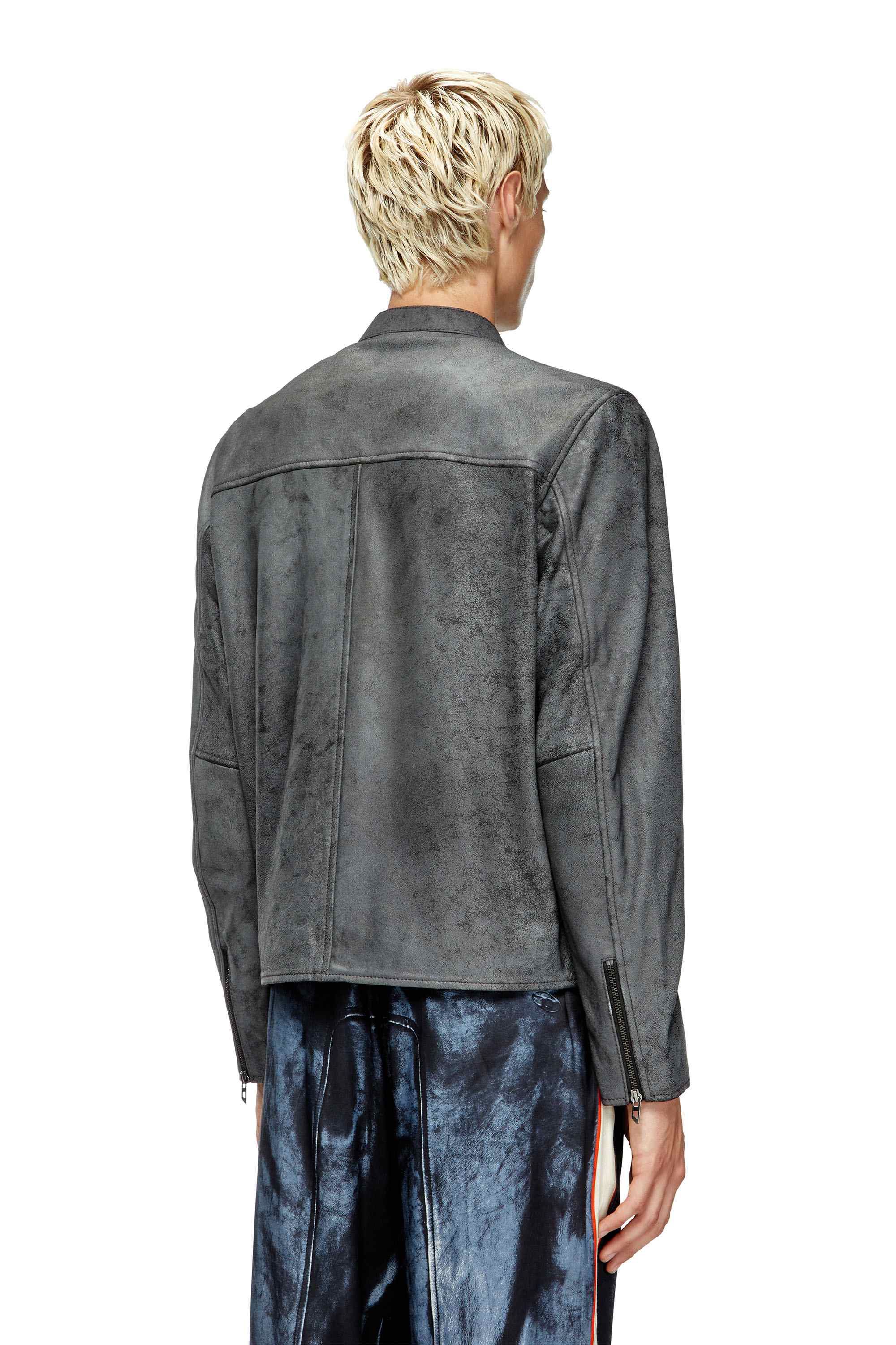 Grey Treated leather biker jacket with faded logo