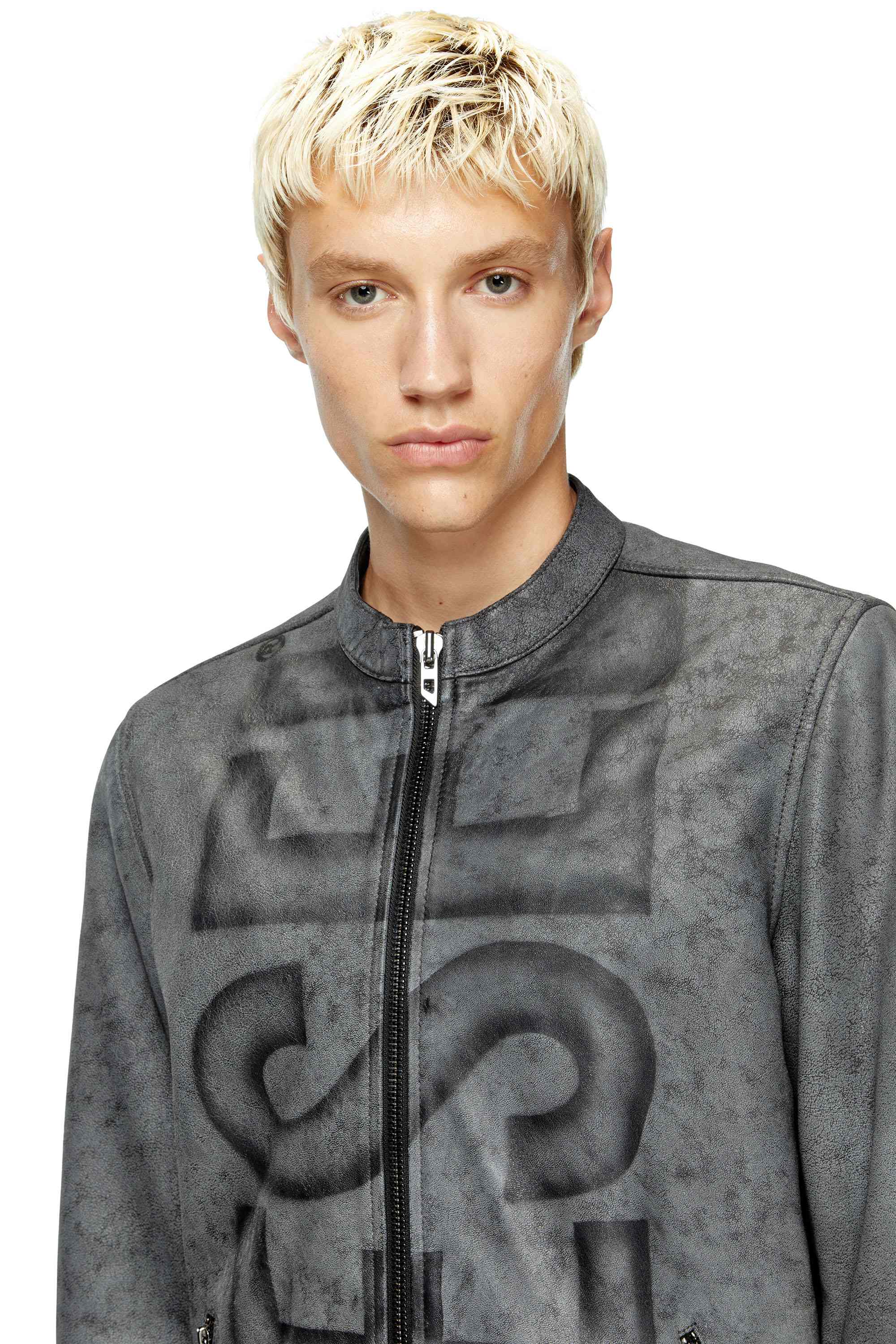 Grey Treated leather biker jacket with faded logo