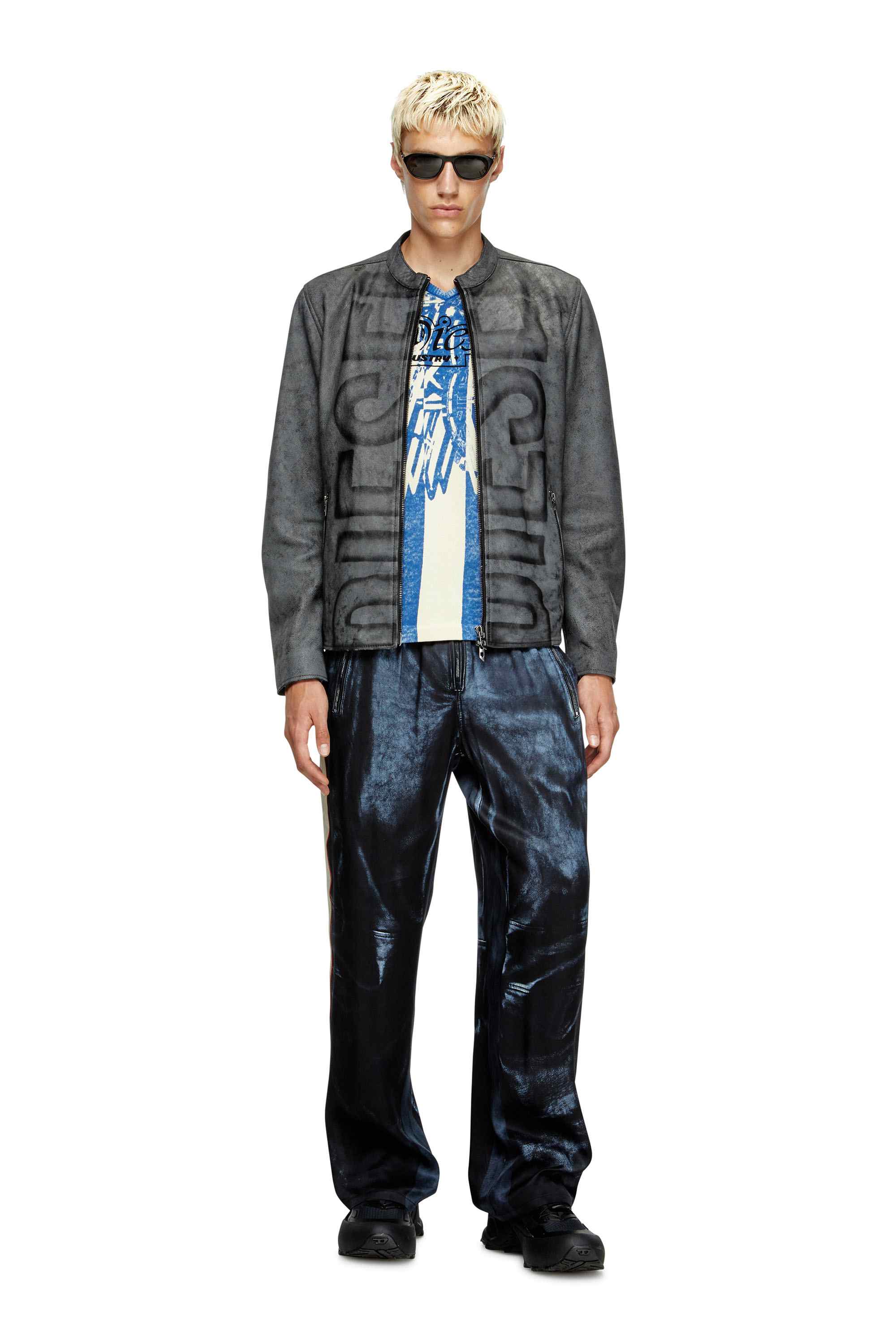 Grey Treated leather biker jacket with faded logo