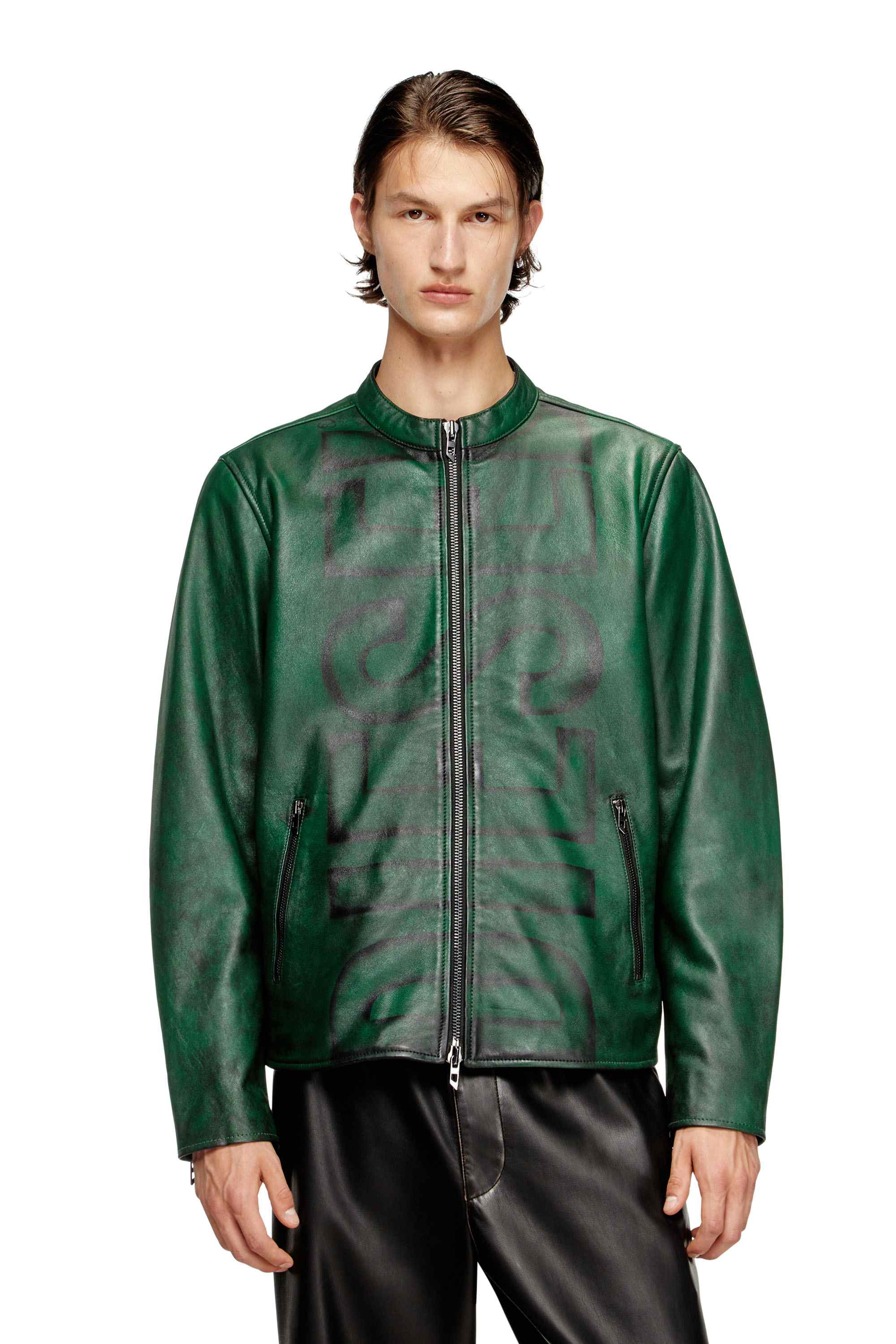 Green Treated leather biker jacket with faded logo