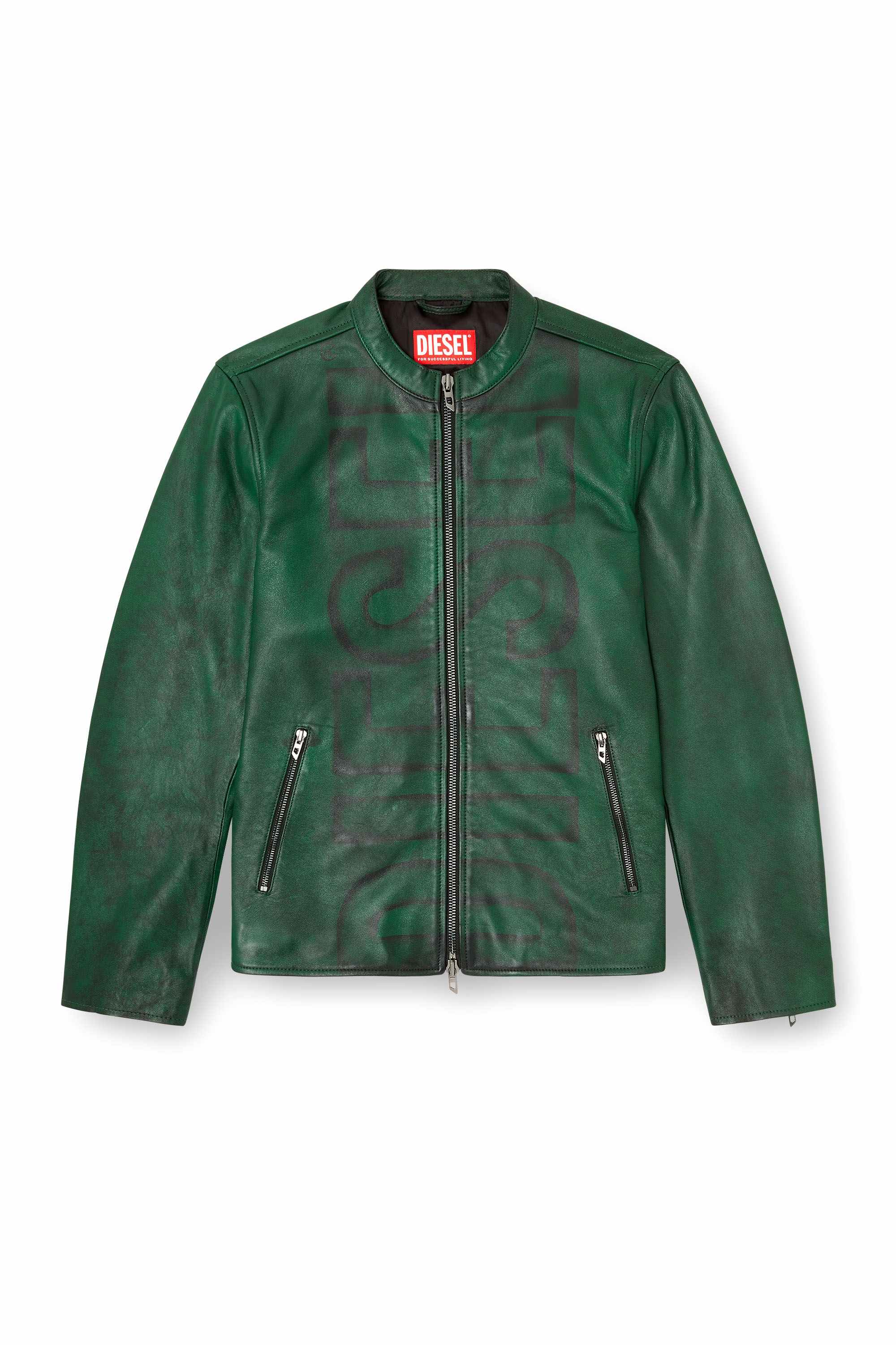 Green Treated leather biker jacket with faded logo