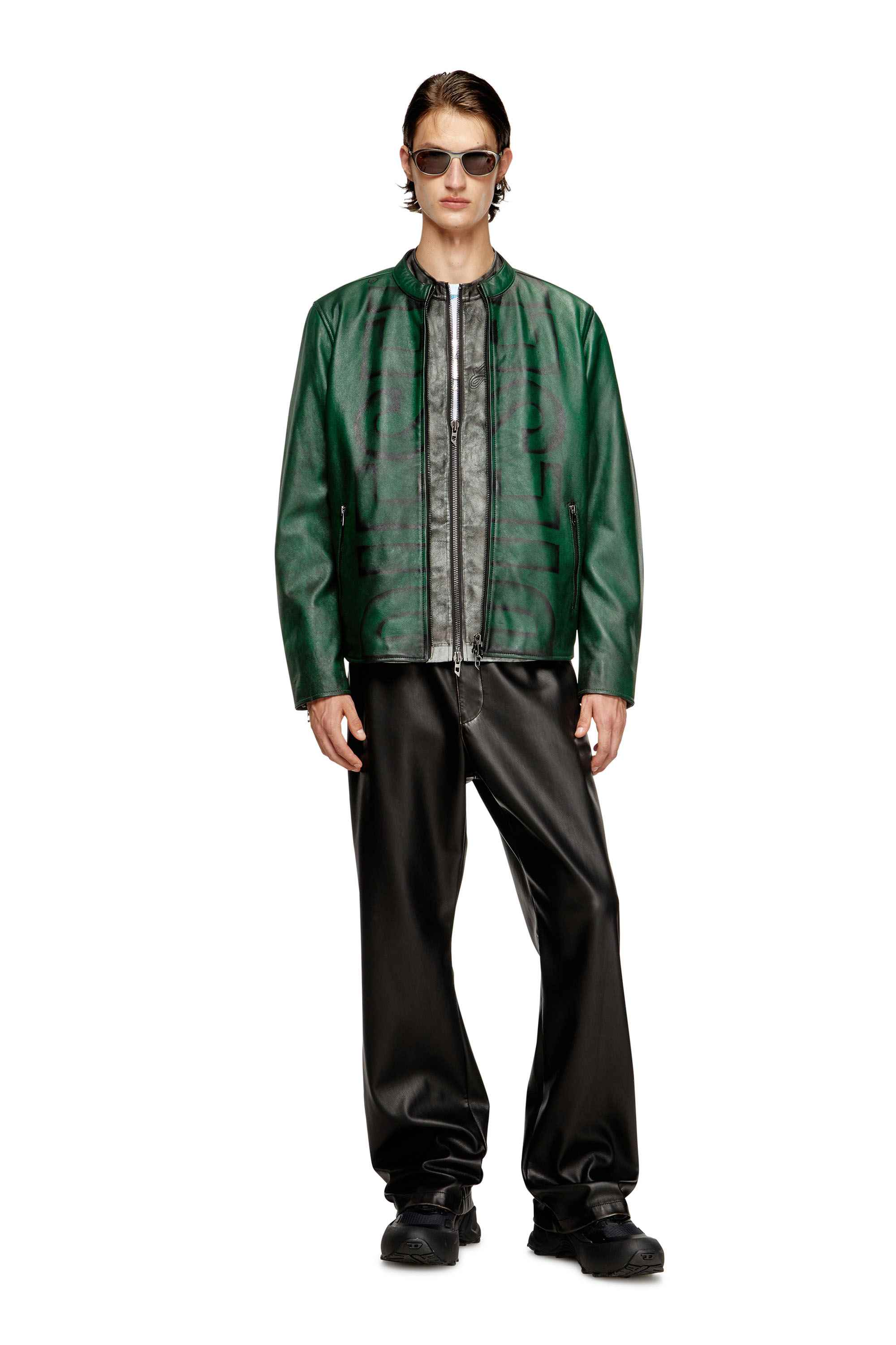 Green Treated leather biker jacket with faded logo