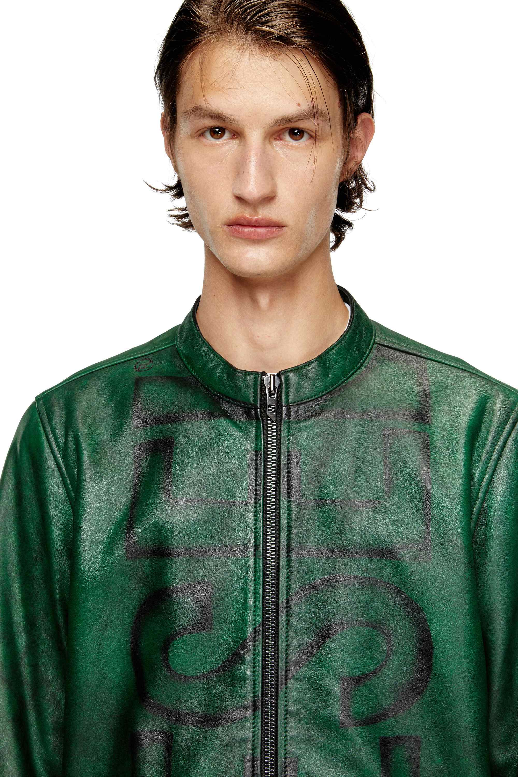 Green Treated leather biker jacket with faded logo