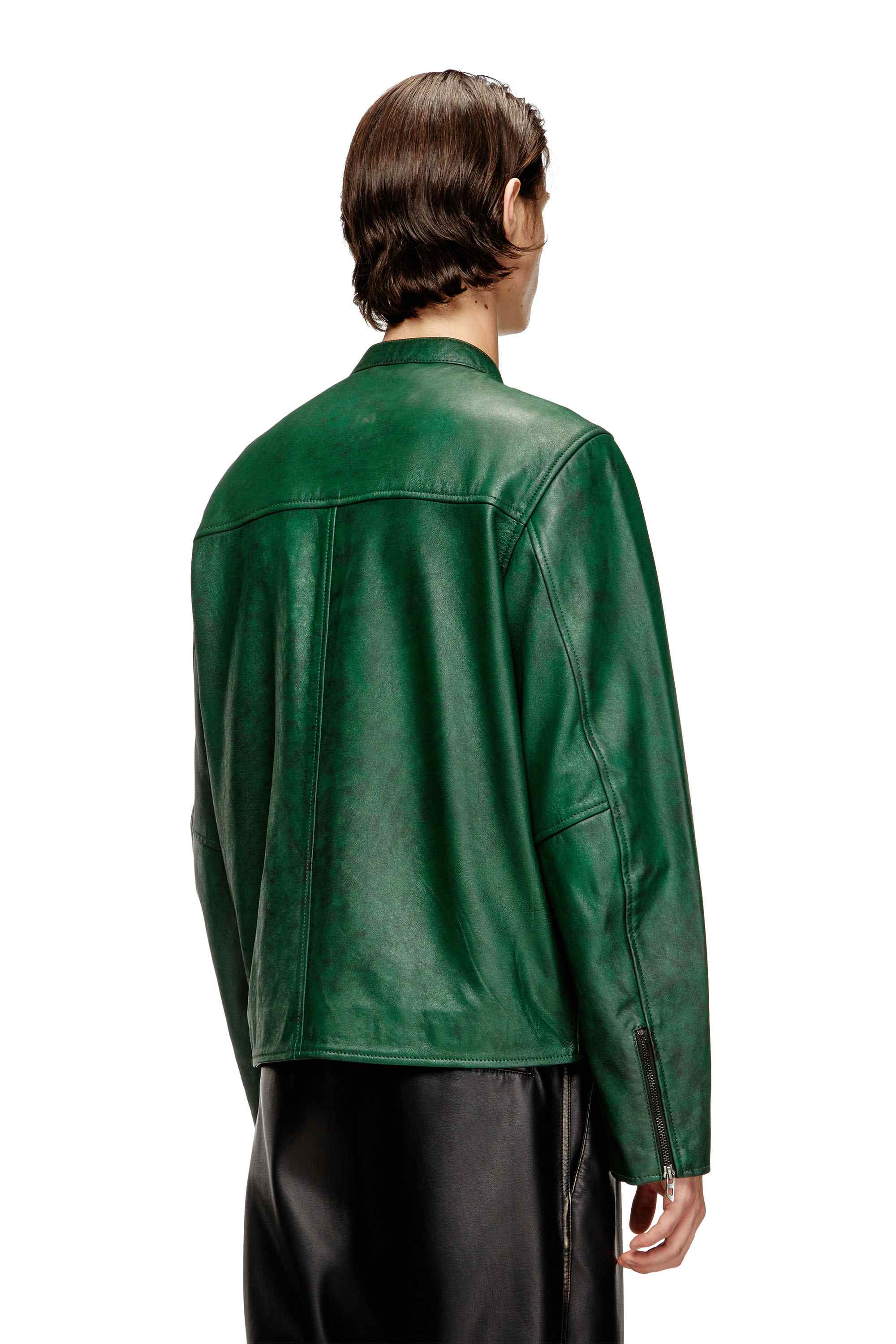 Green Treated leather biker jacket with faded logo