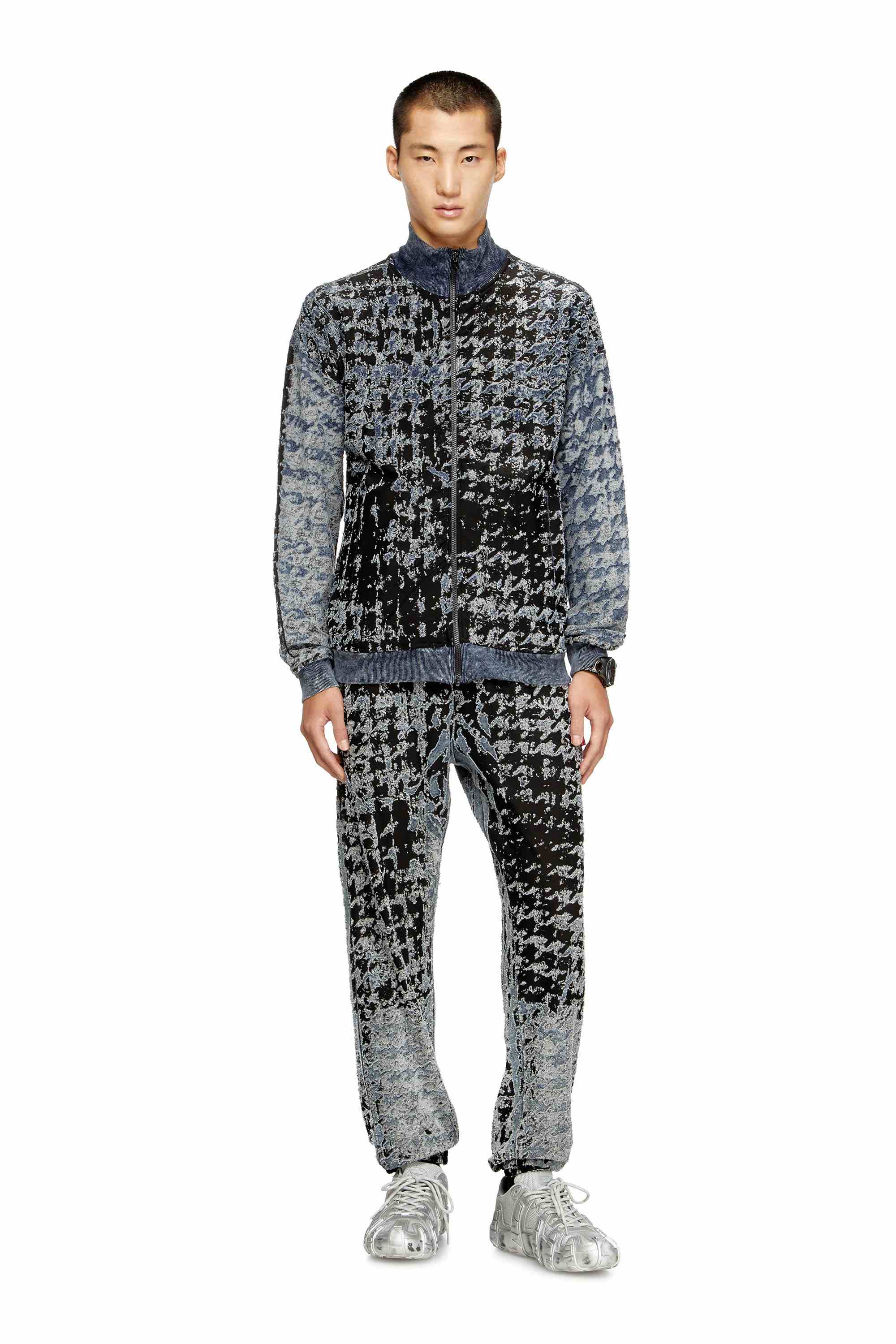 Black Elasticated pants in devoré houndstooth