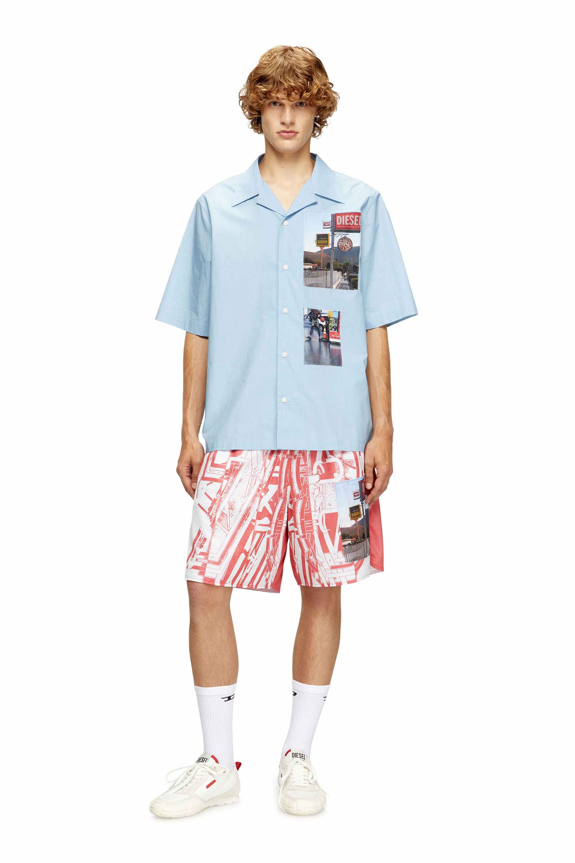 Blue Short-sleeve shirt with logo photo patches