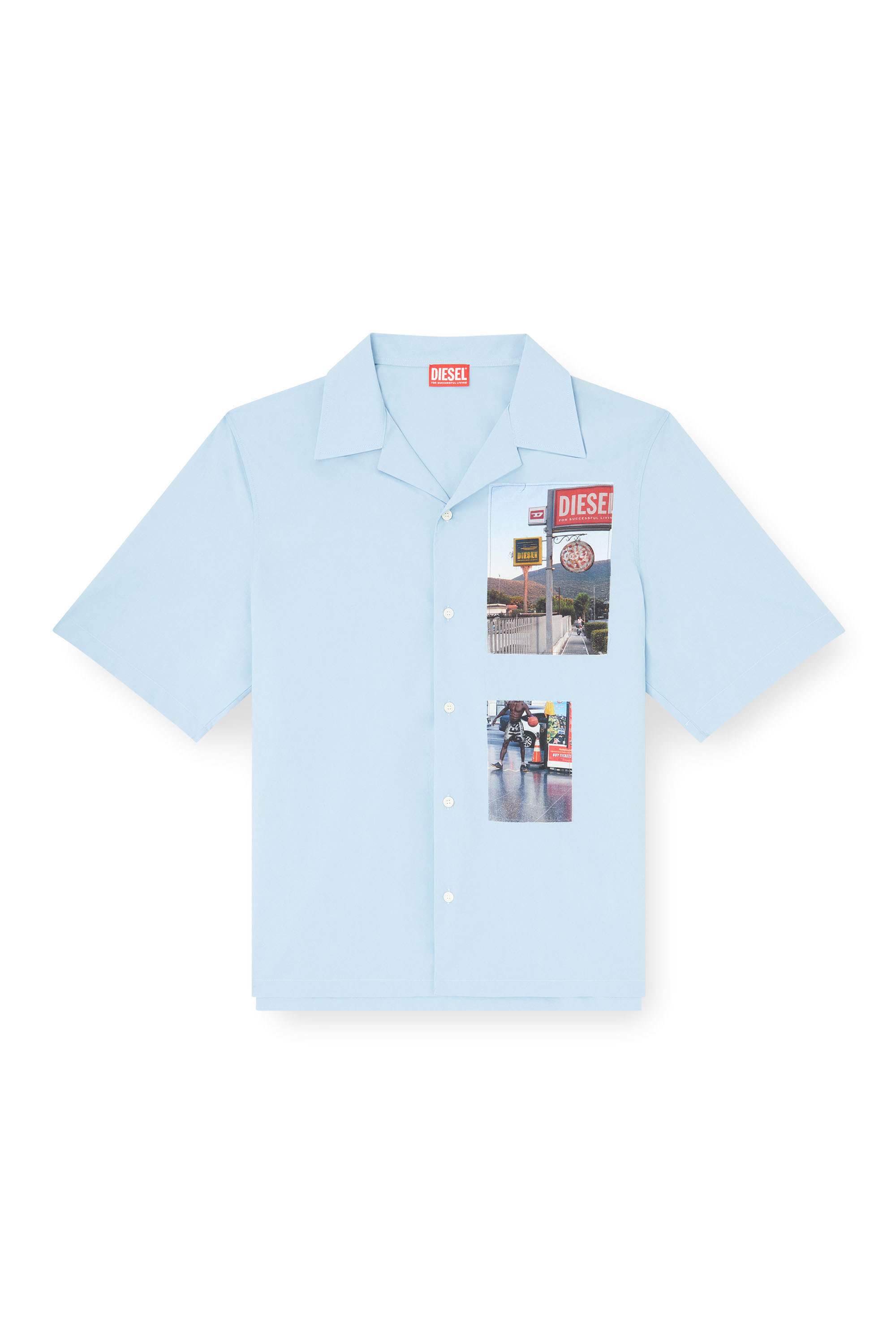 Blue Short-sleeve shirt with logo photo patches