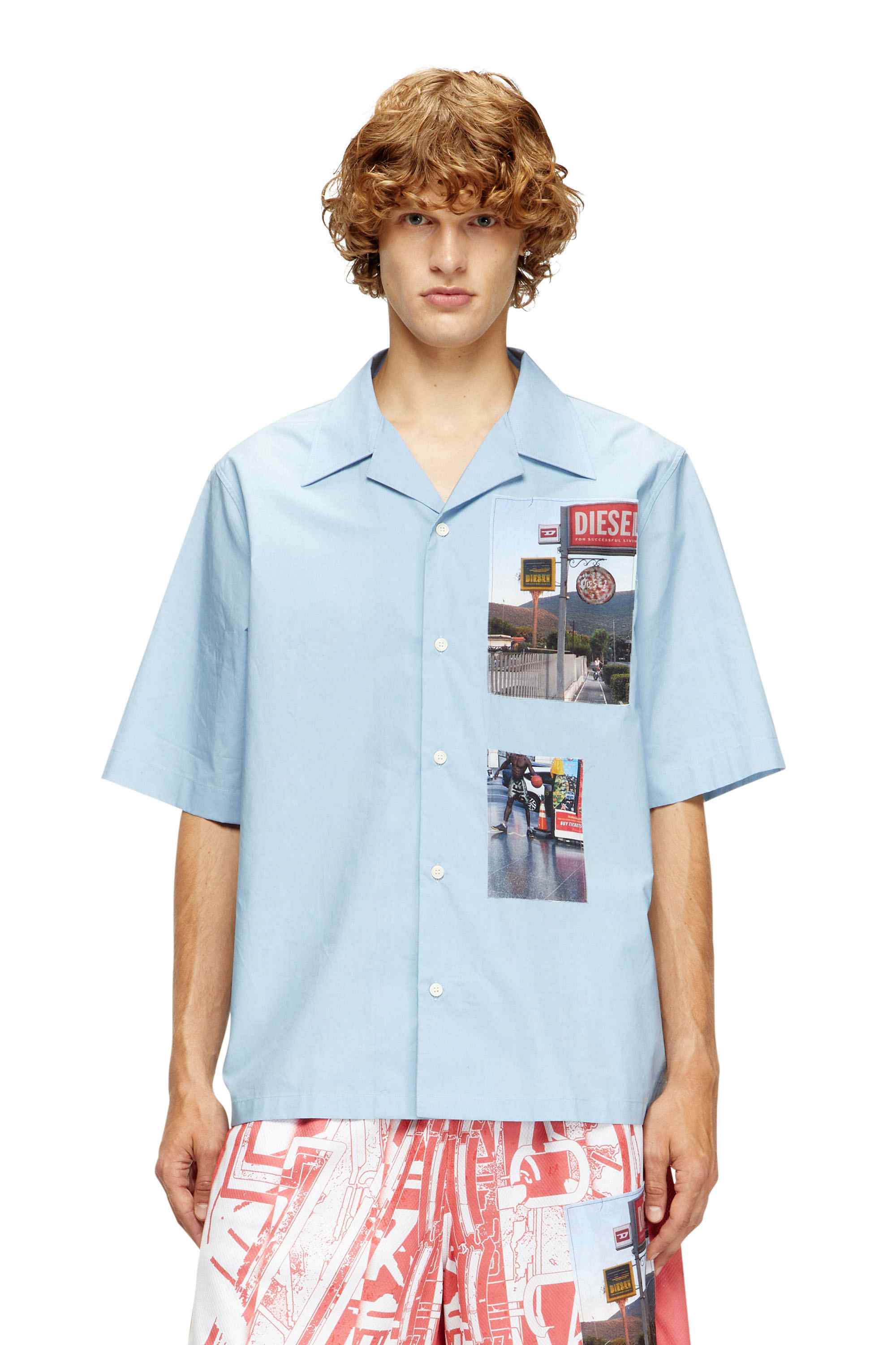 Blue Short-sleeve shirt with logo photo patches
