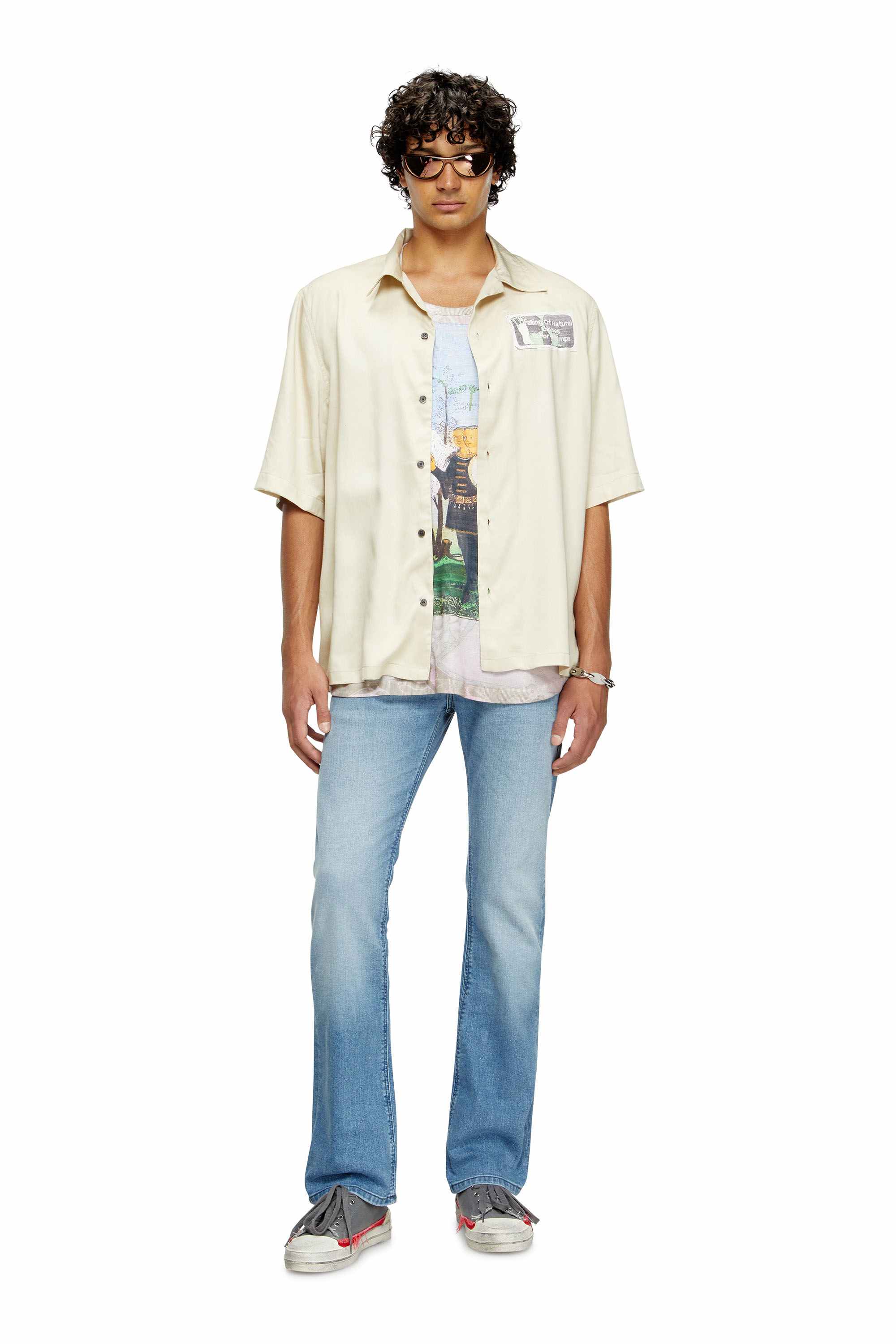 Beige TENCEL shirt with rhinestone graphic