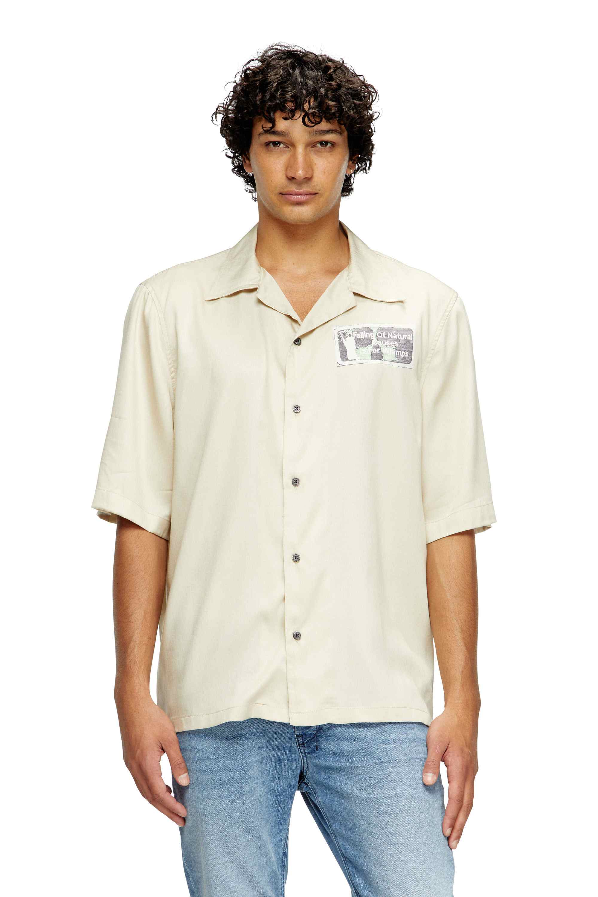 Beige TENCEL shirt with rhinestone graphic