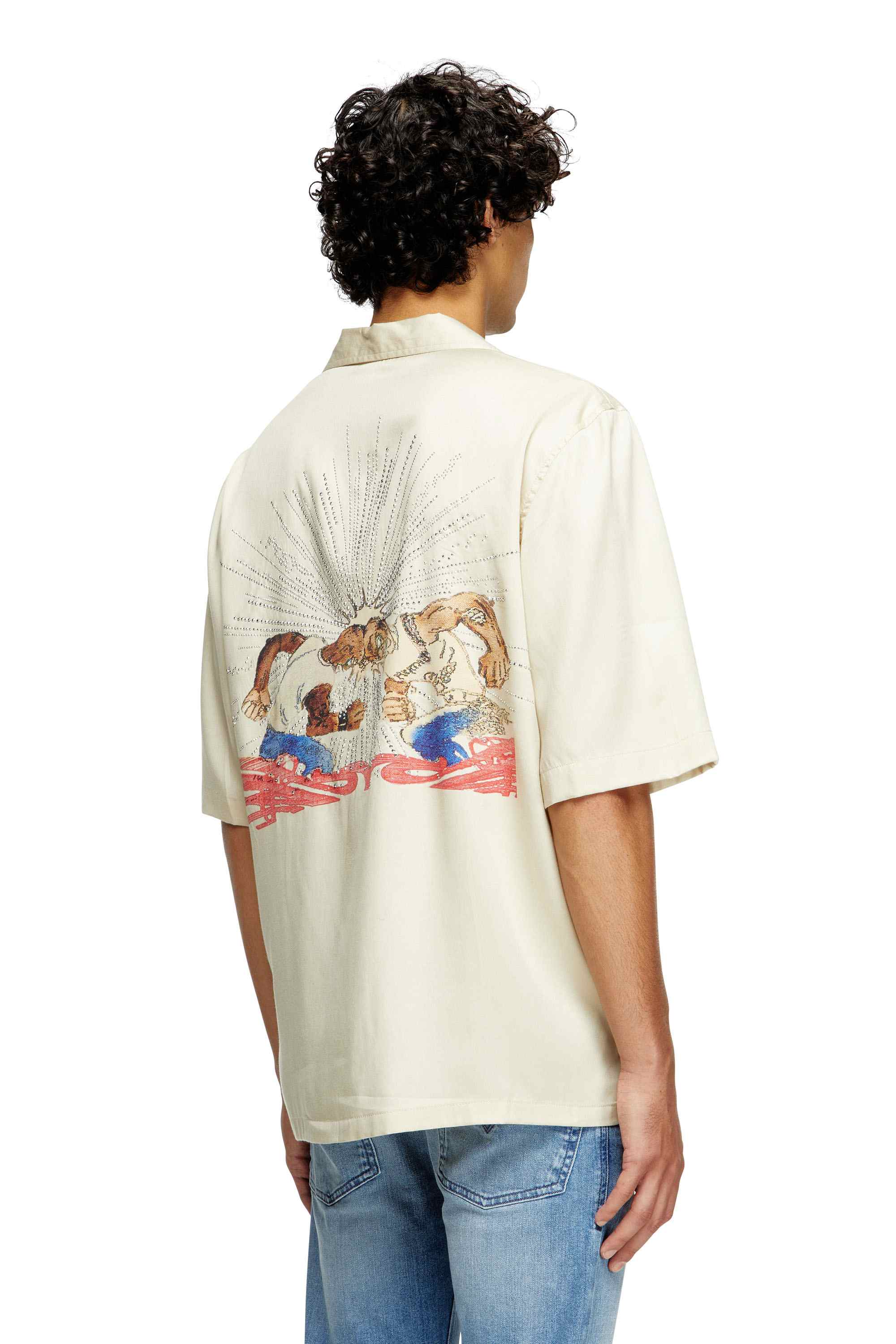 Beige TENCEL shirt with rhinestone graphic