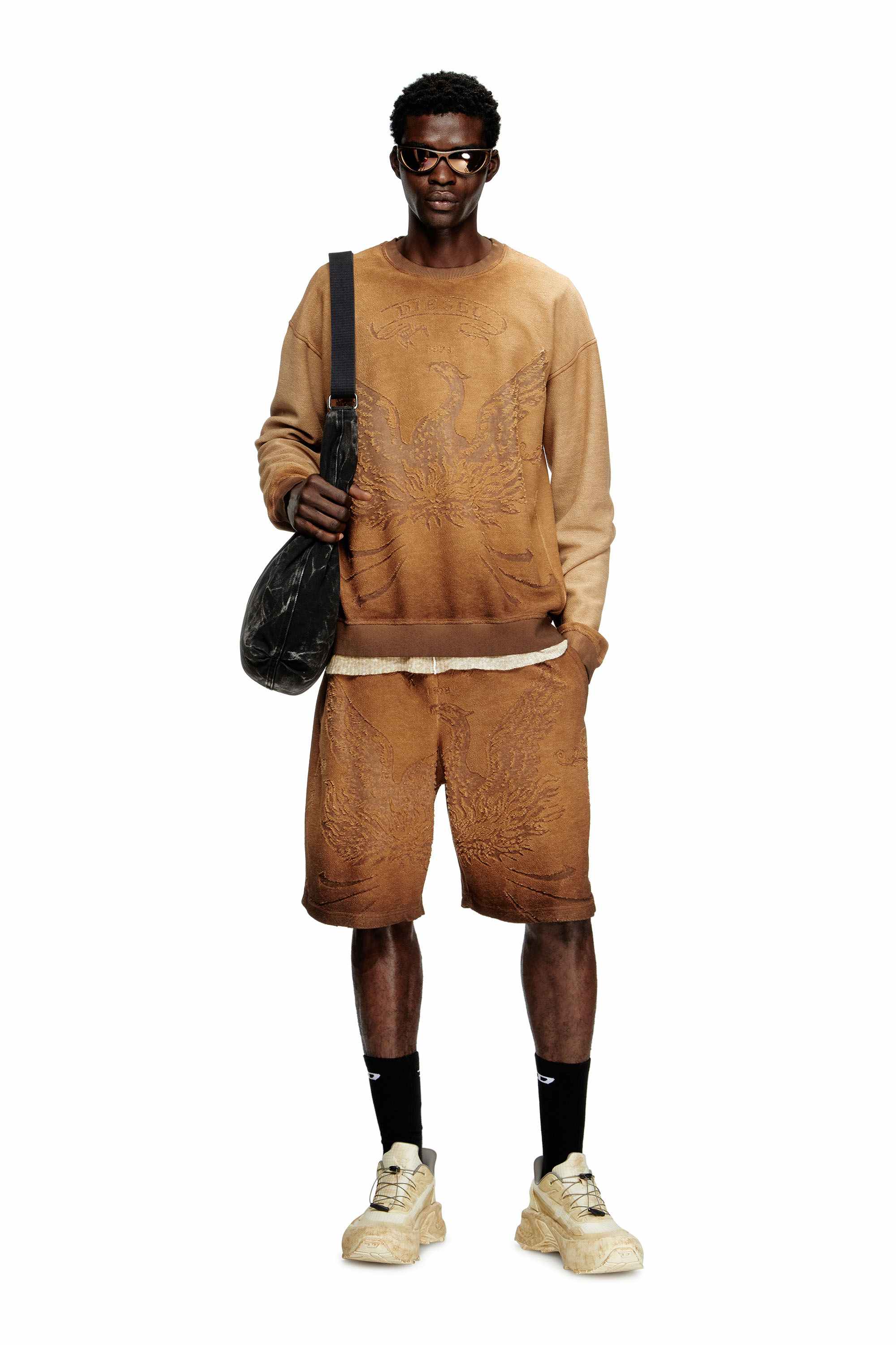 Brown Sweat shorts with phoenix devoré