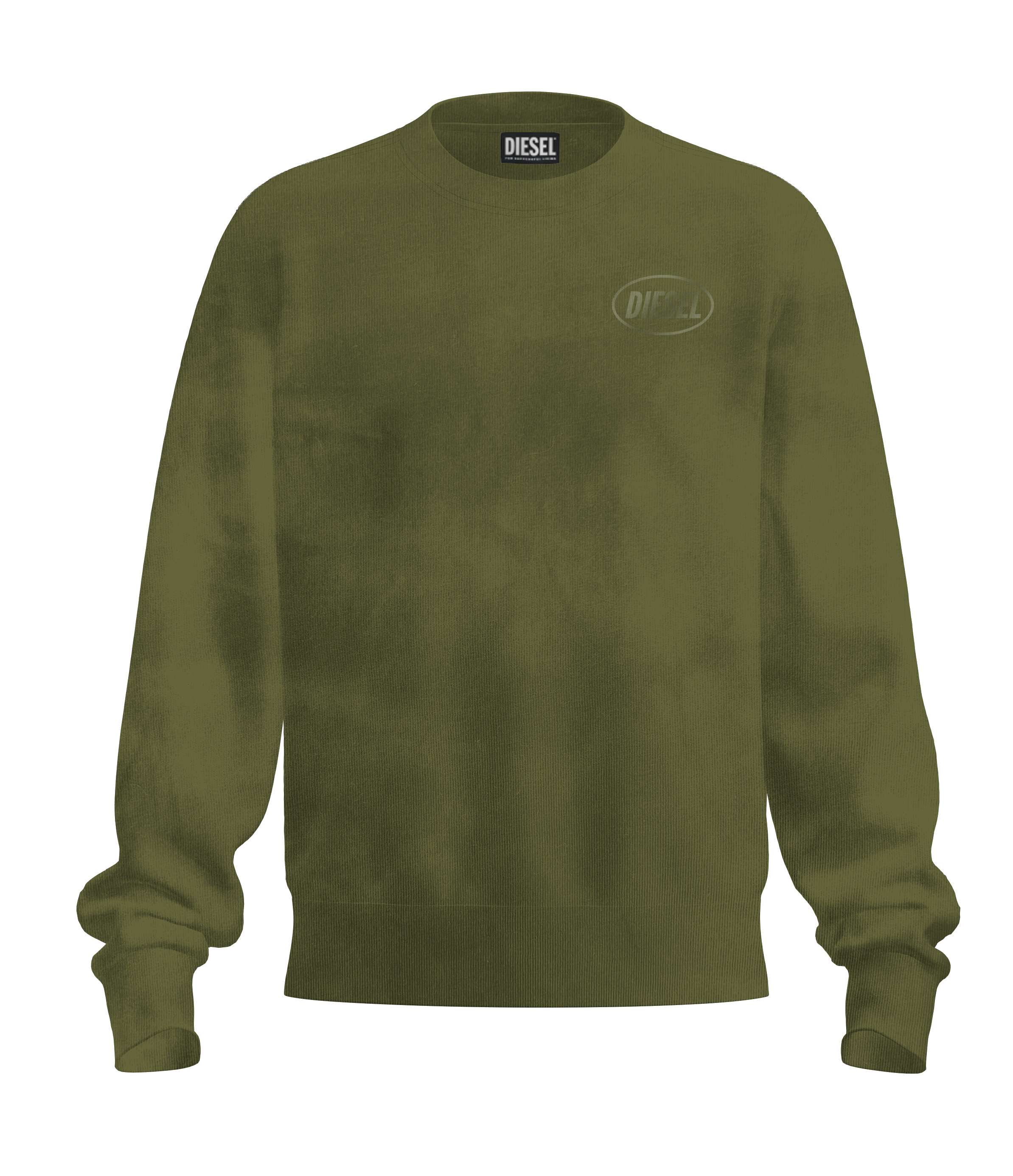 Olive Tonal Diesel logo detail on left chest, clean minimal sweatshirt, relaxed fit