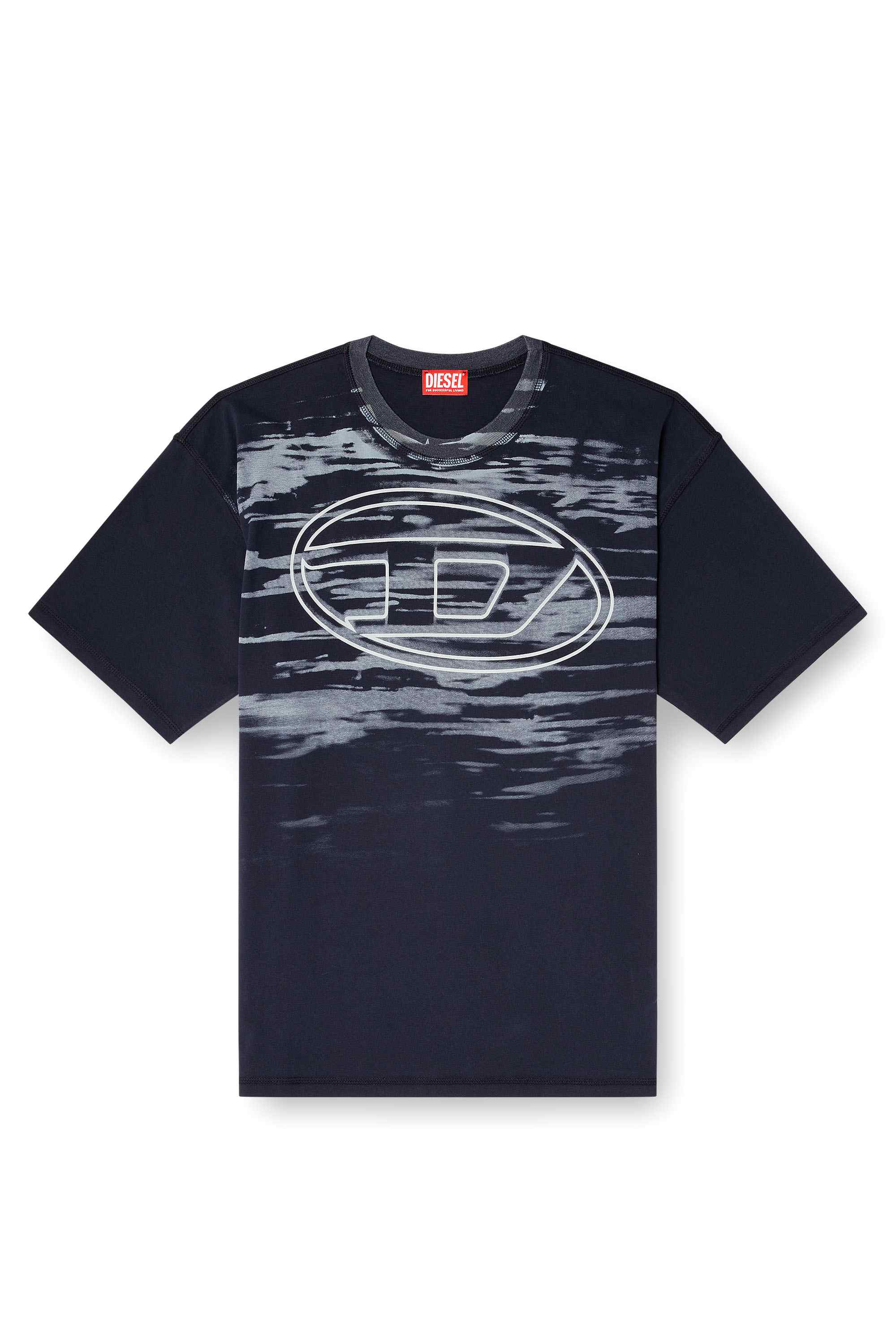 Navy Blue Washed effect across chest, seasonal logo, oversized Diesel oval D logo, vintage grunge finish