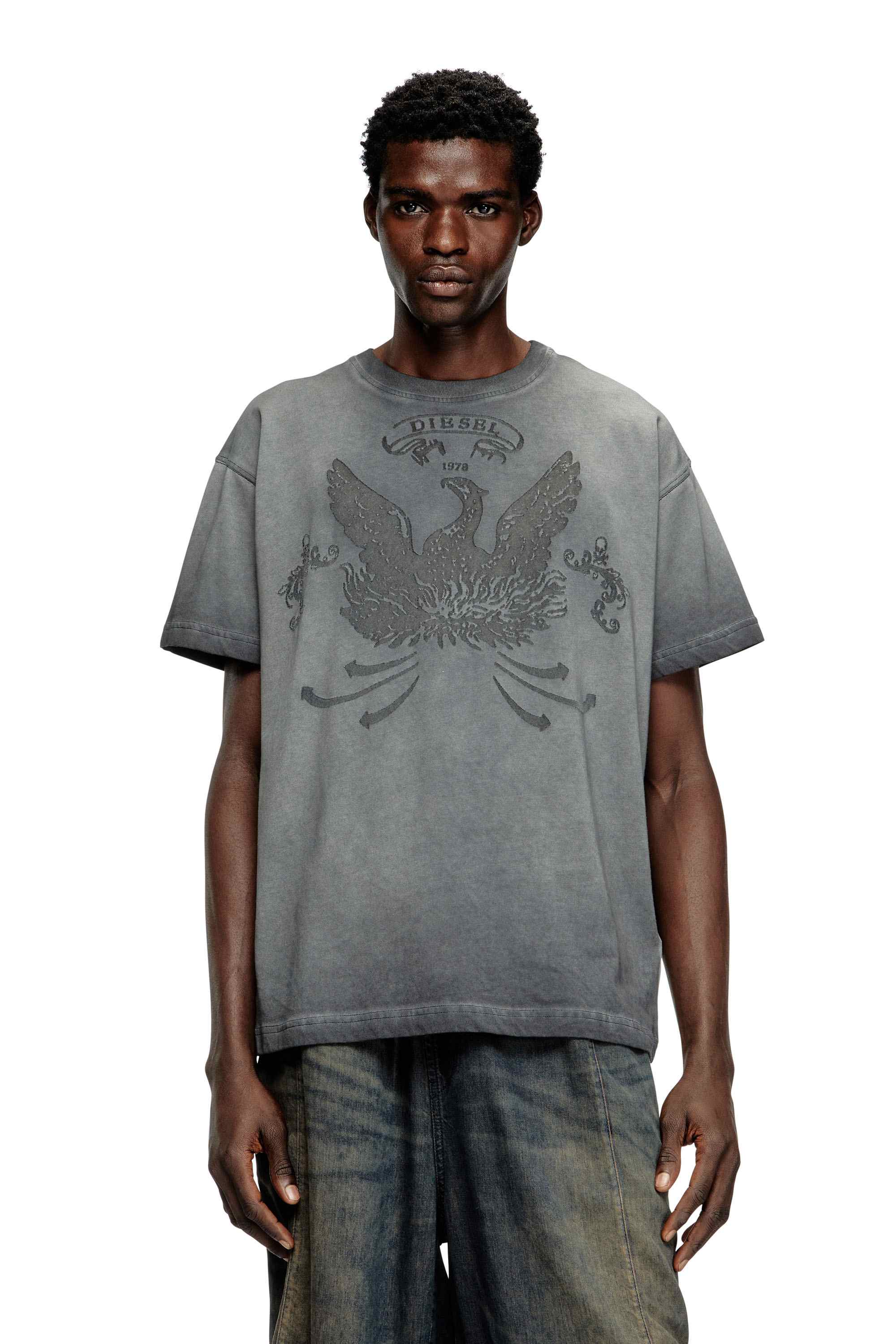 Grey T-shirt with phoenix devoré