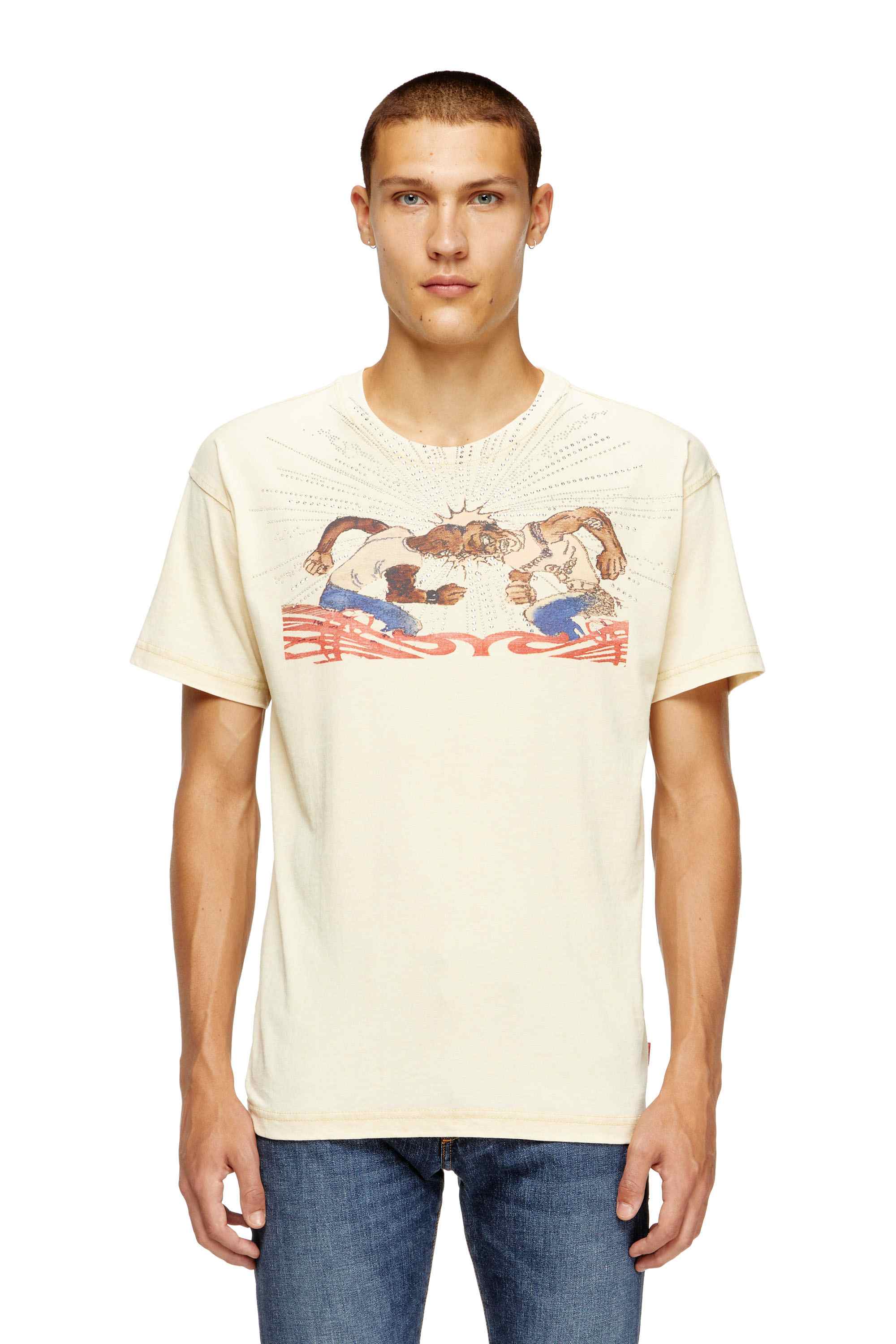 Beige T-shirt with rhinestone graphic