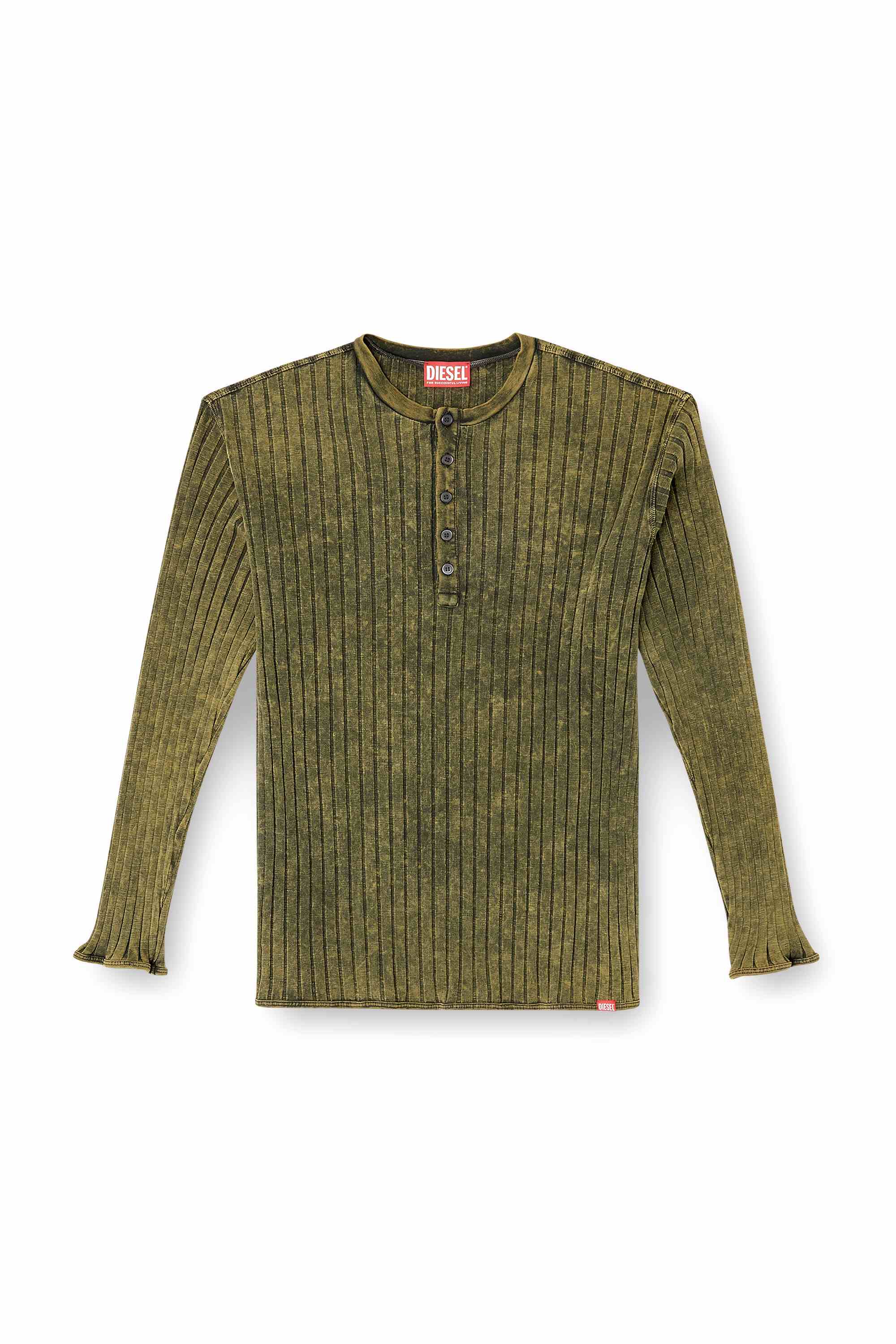 Olive Henley top in treated wide-rib jersey