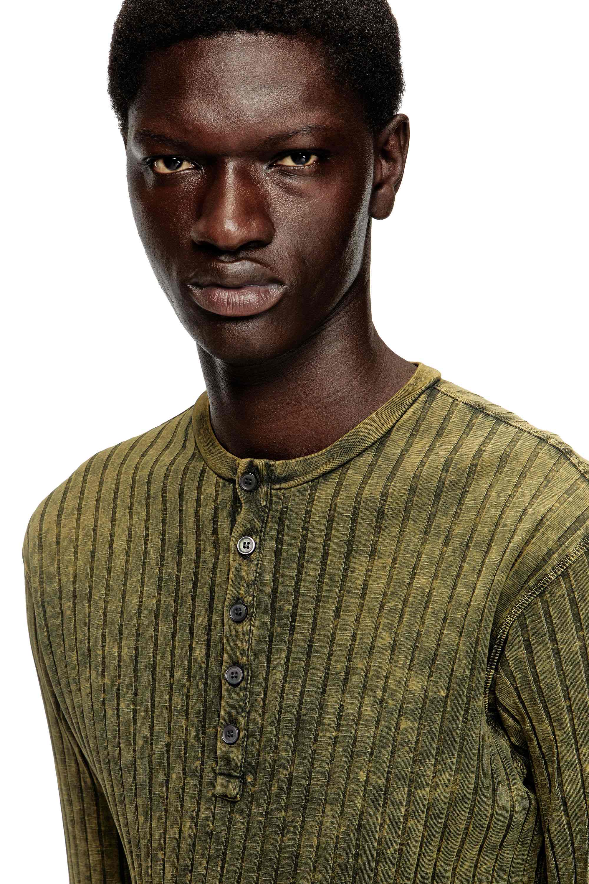 Olive Henley top in treated wide-rib jersey