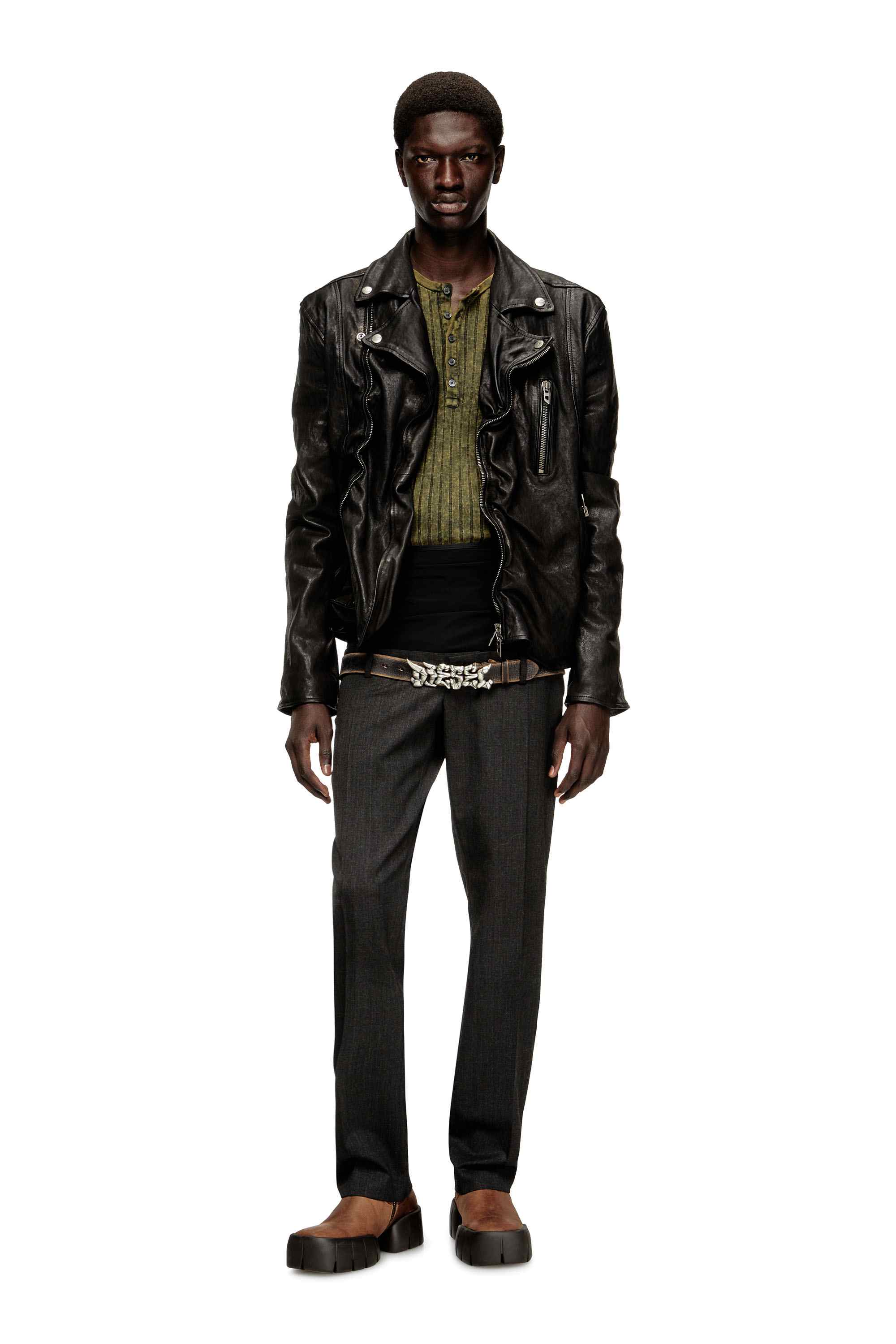 Olive Henley top in treated wide-rib jersey