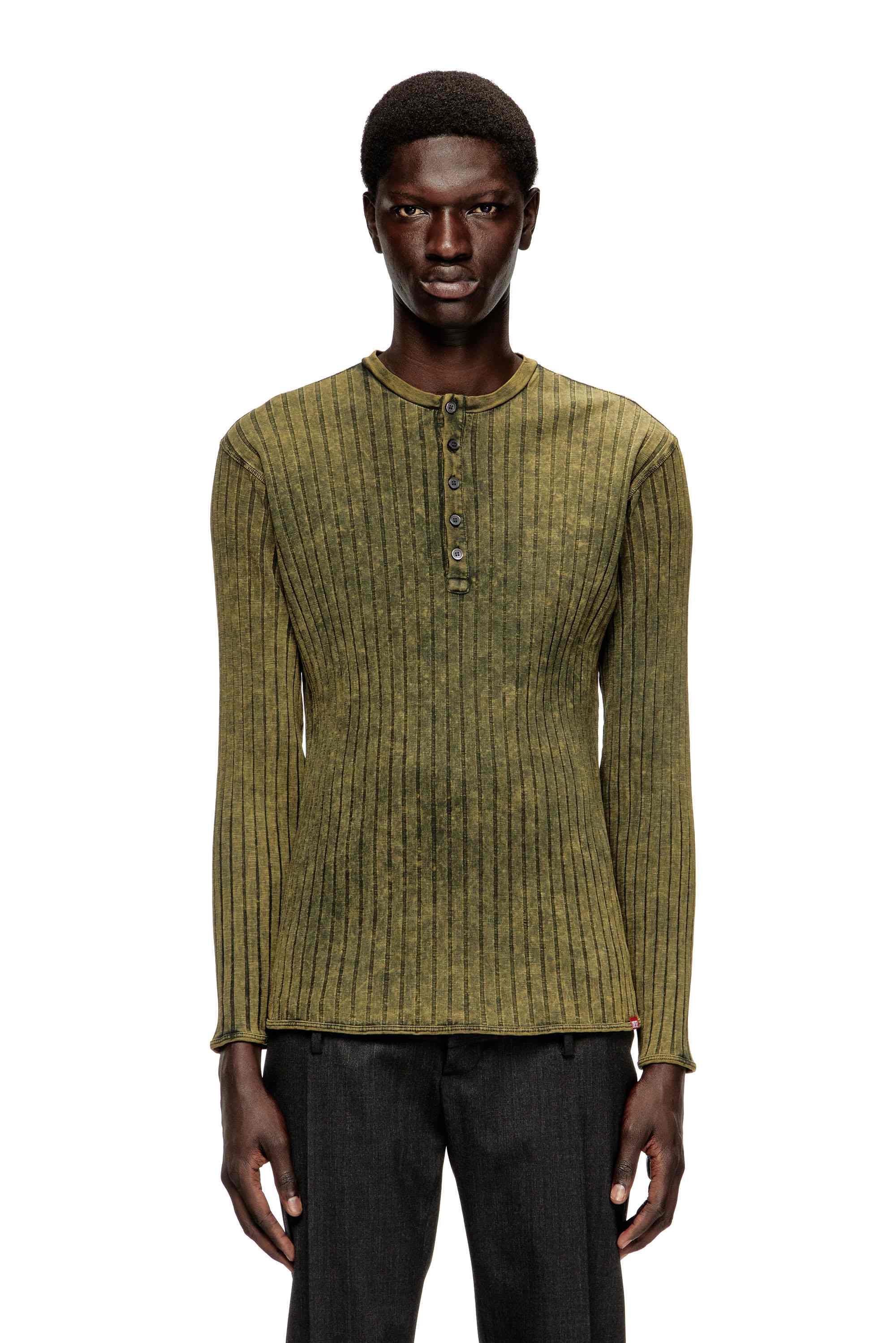 Olive Henley top in treated wide-rib jersey
