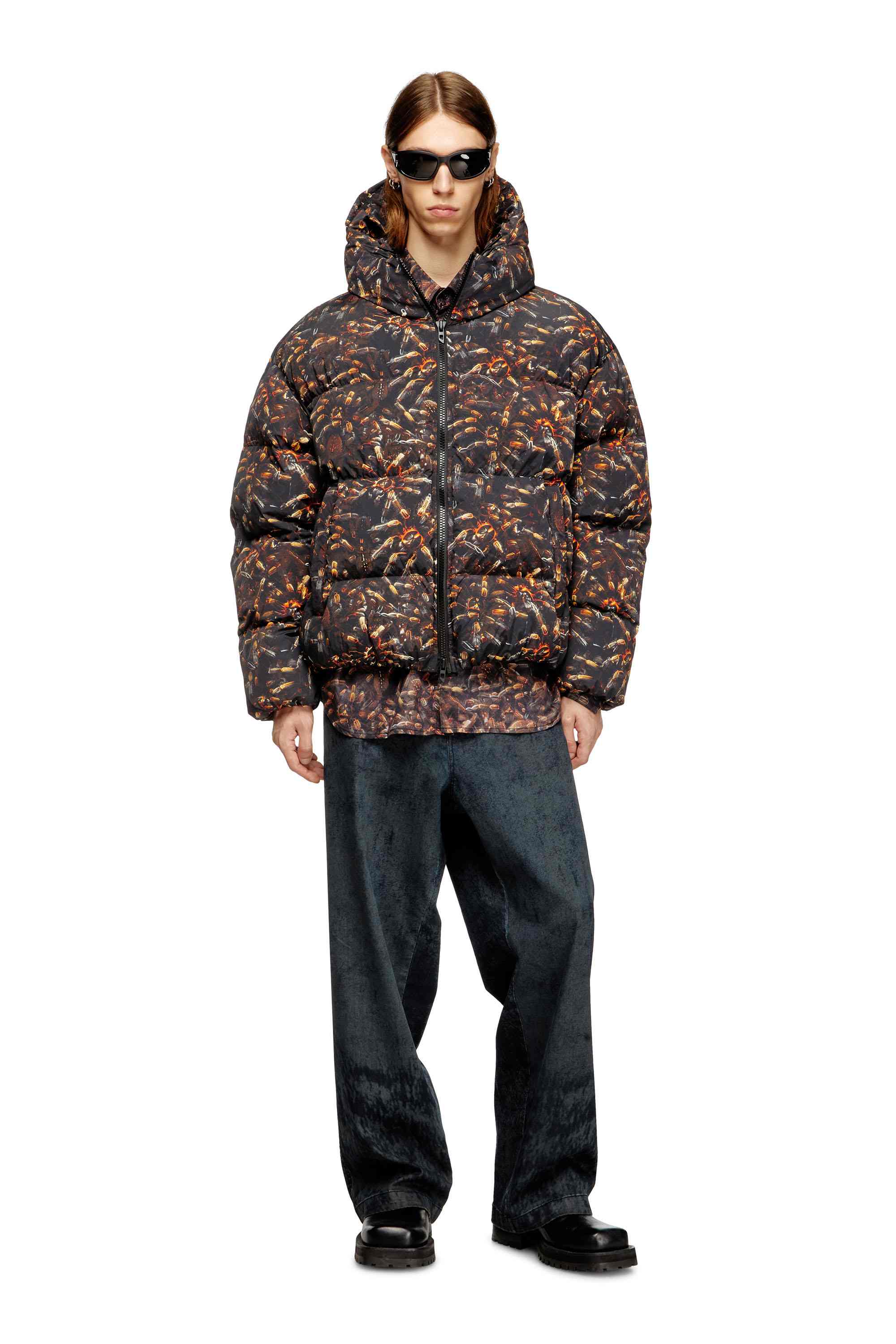 Black Hooded puffer jacket with spider print