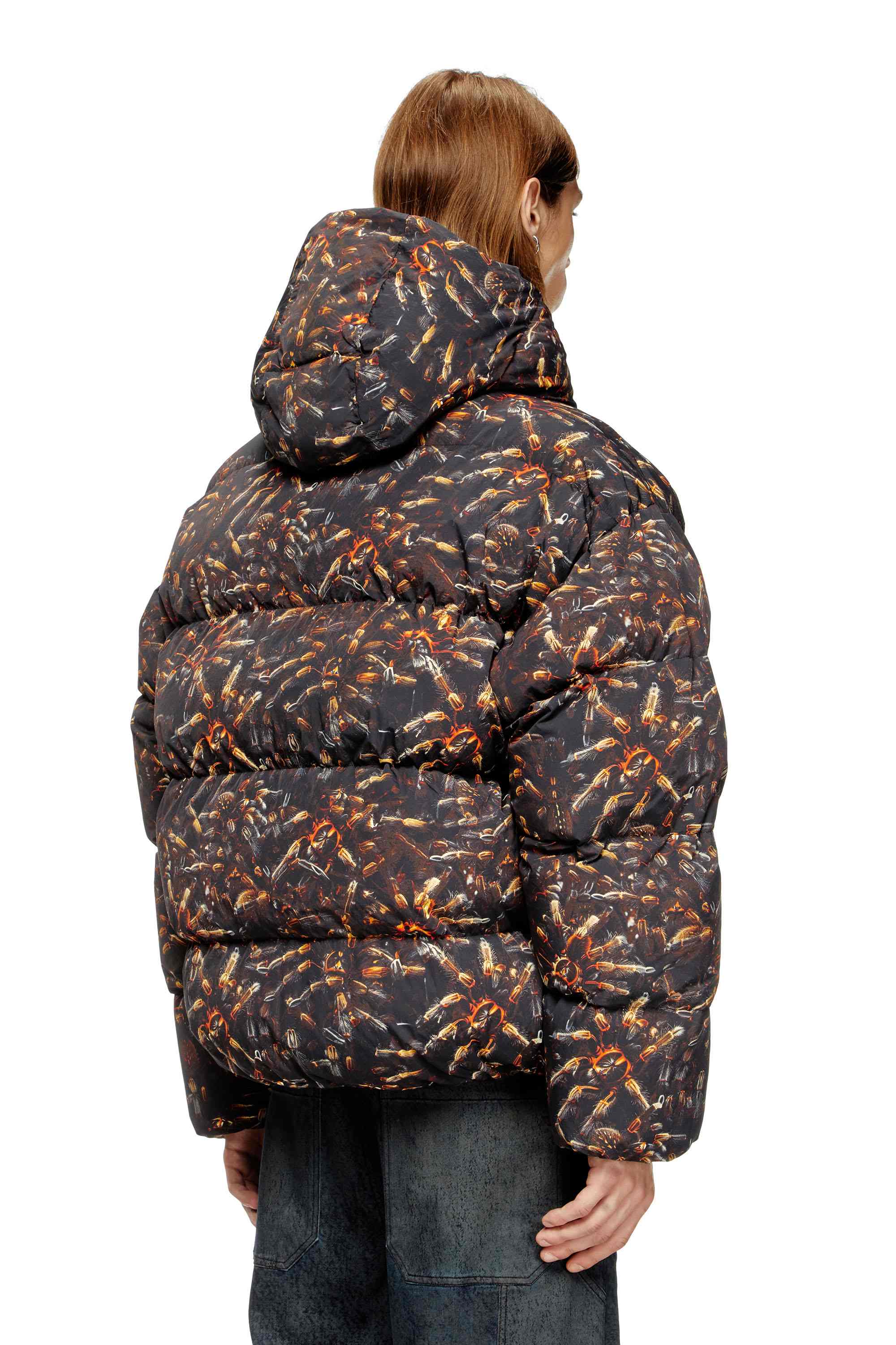 Black Hooded puffer jacket with spider print
