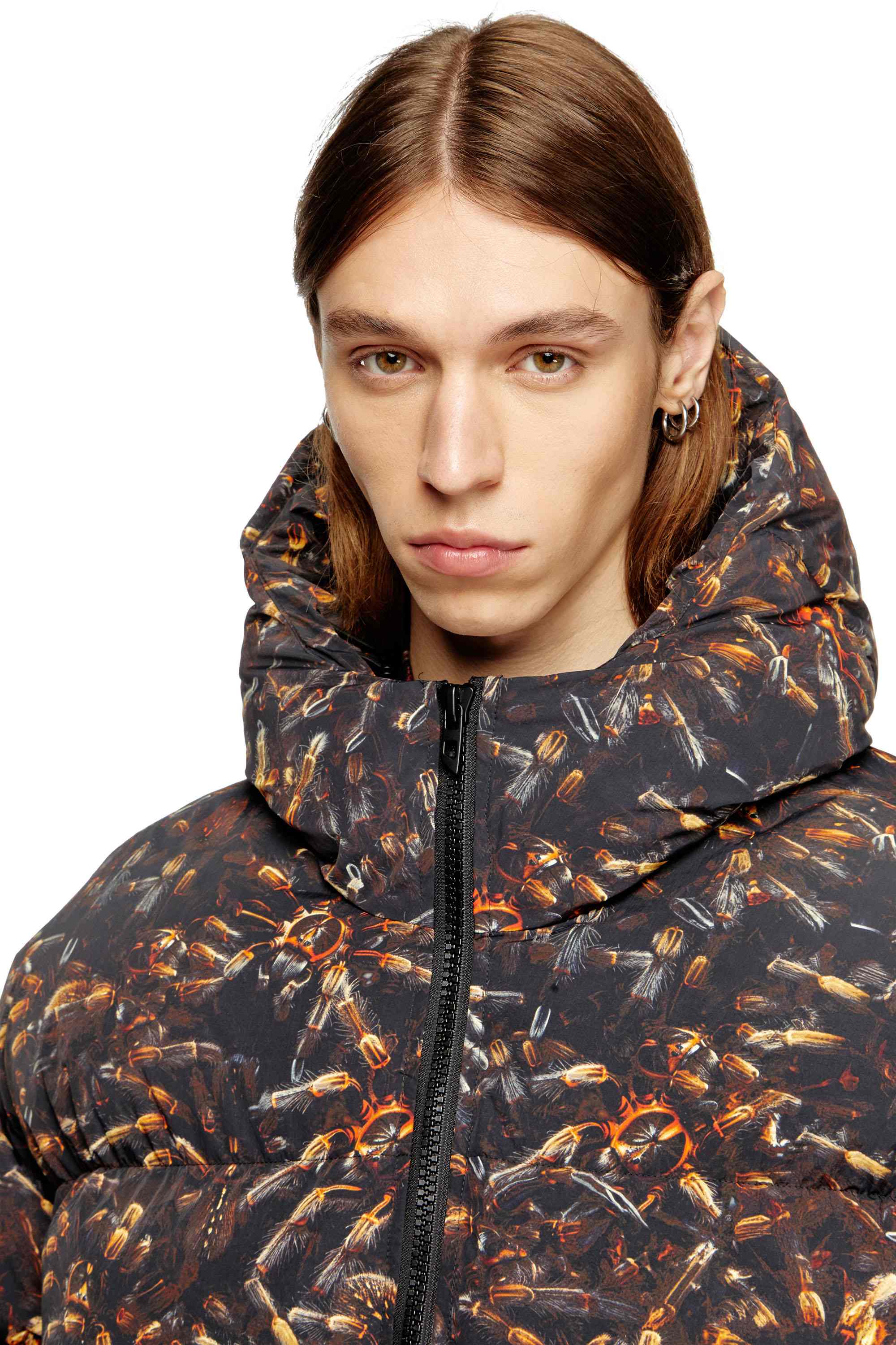 Black Hooded puffer jacket with spider print