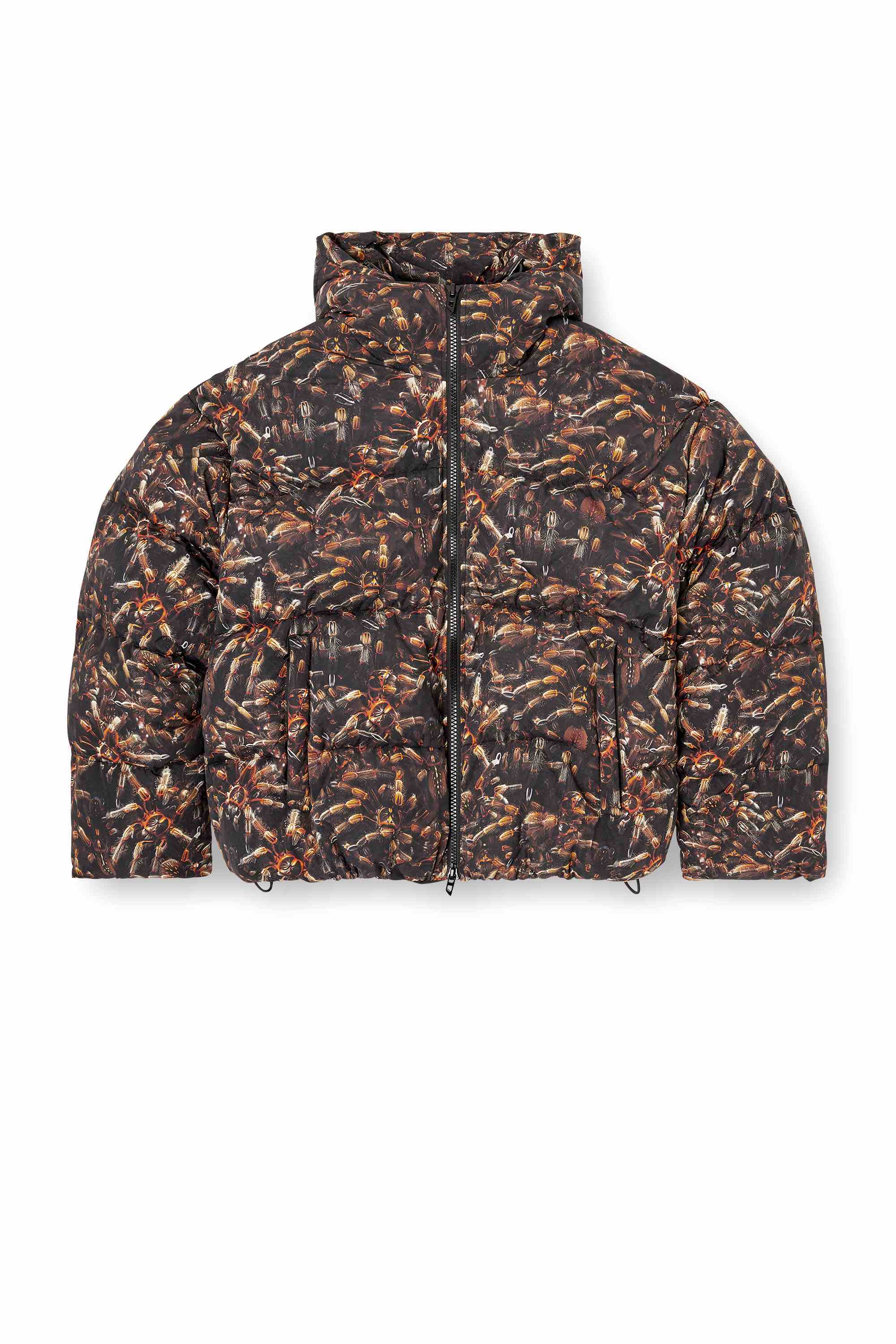 Black Hooded puffer jacket with spider print