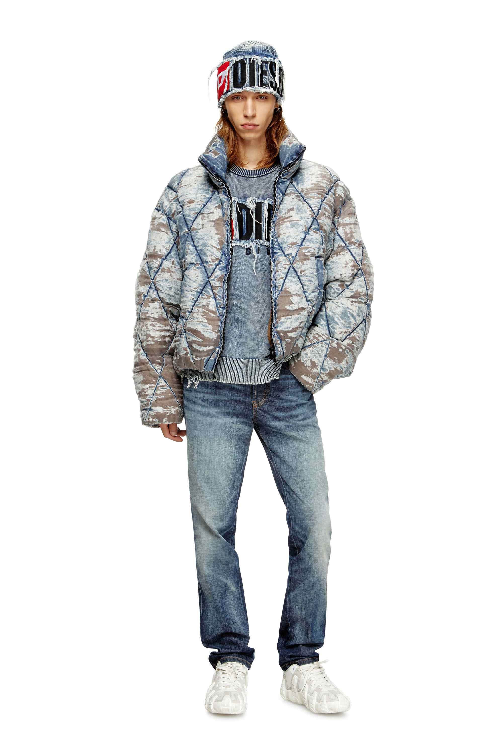 Brown Padded jacket in argyle-quilted devoré denim
