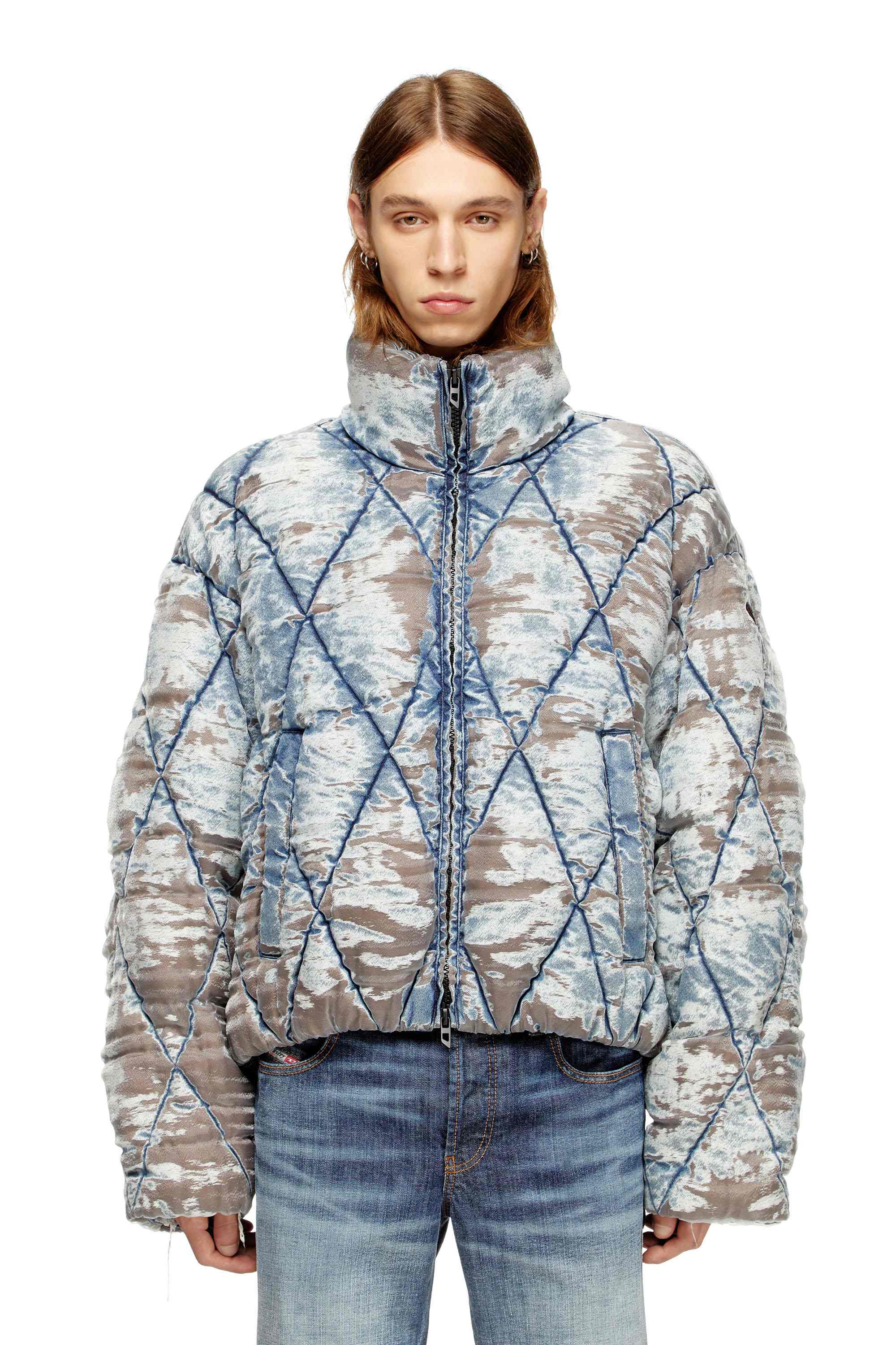 Brown Padded jacket in argyle-quilted devoré denim
