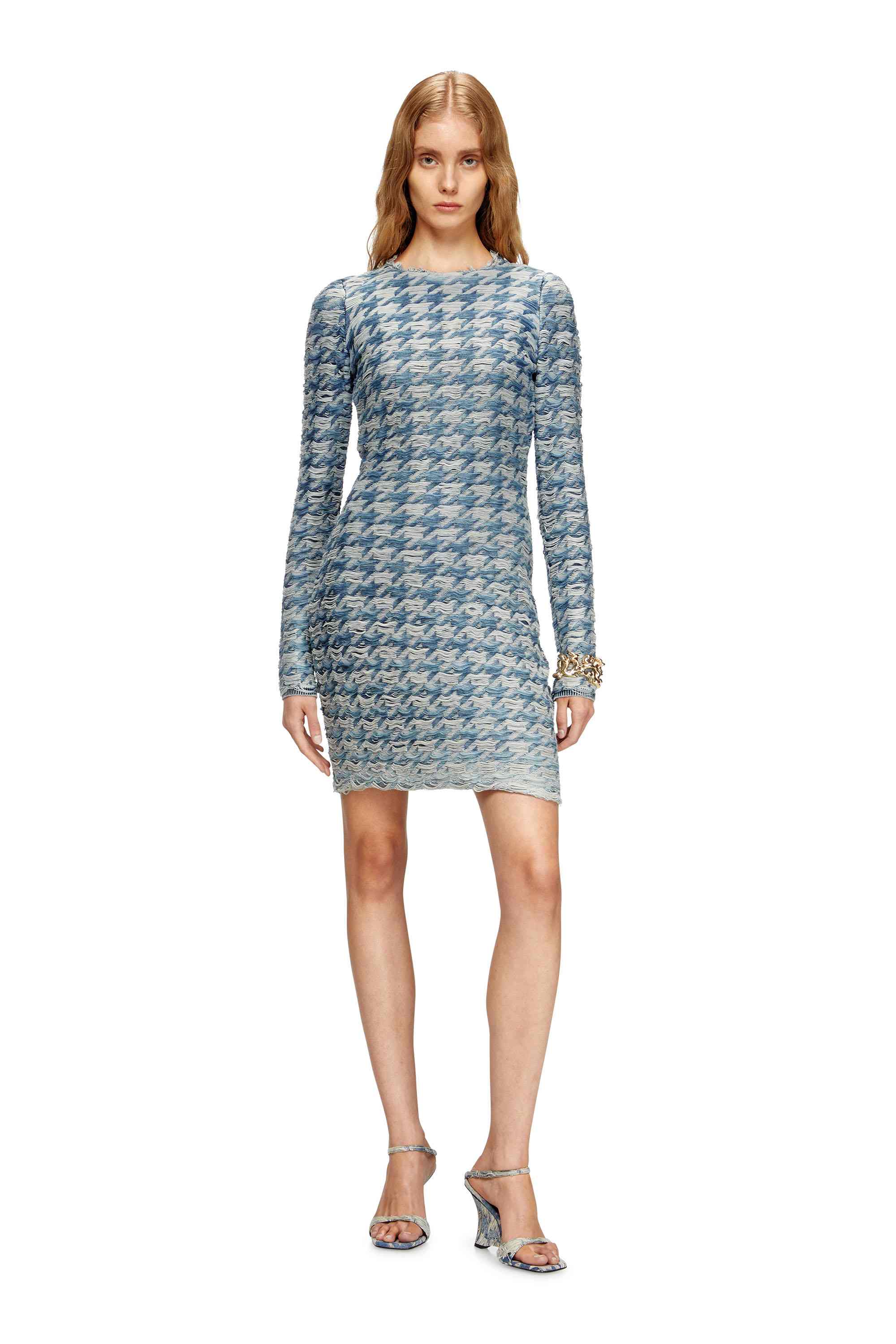 Blue Houndstooth dress with floating yarns
