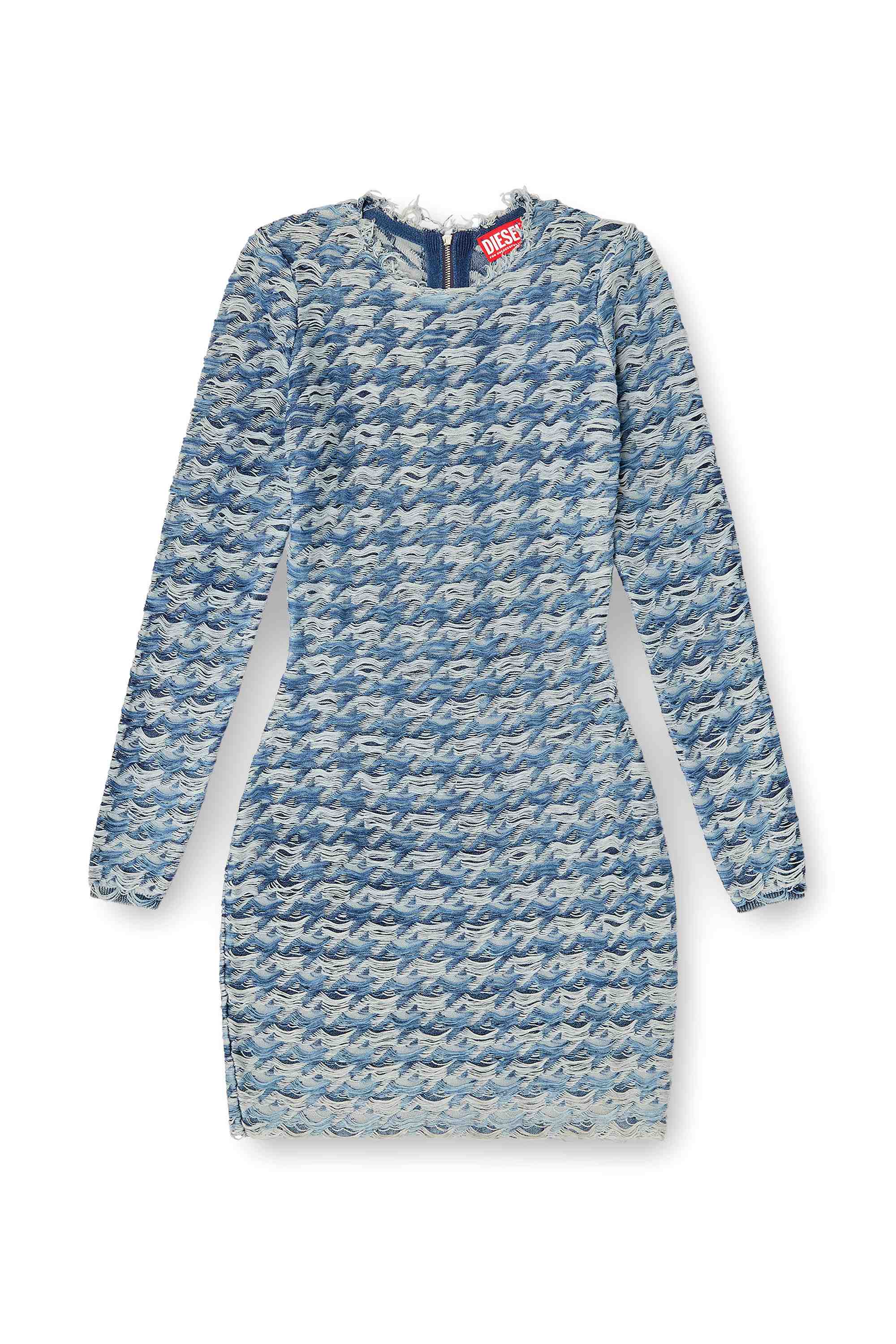 Blue Houndstooth dress with floating yarns