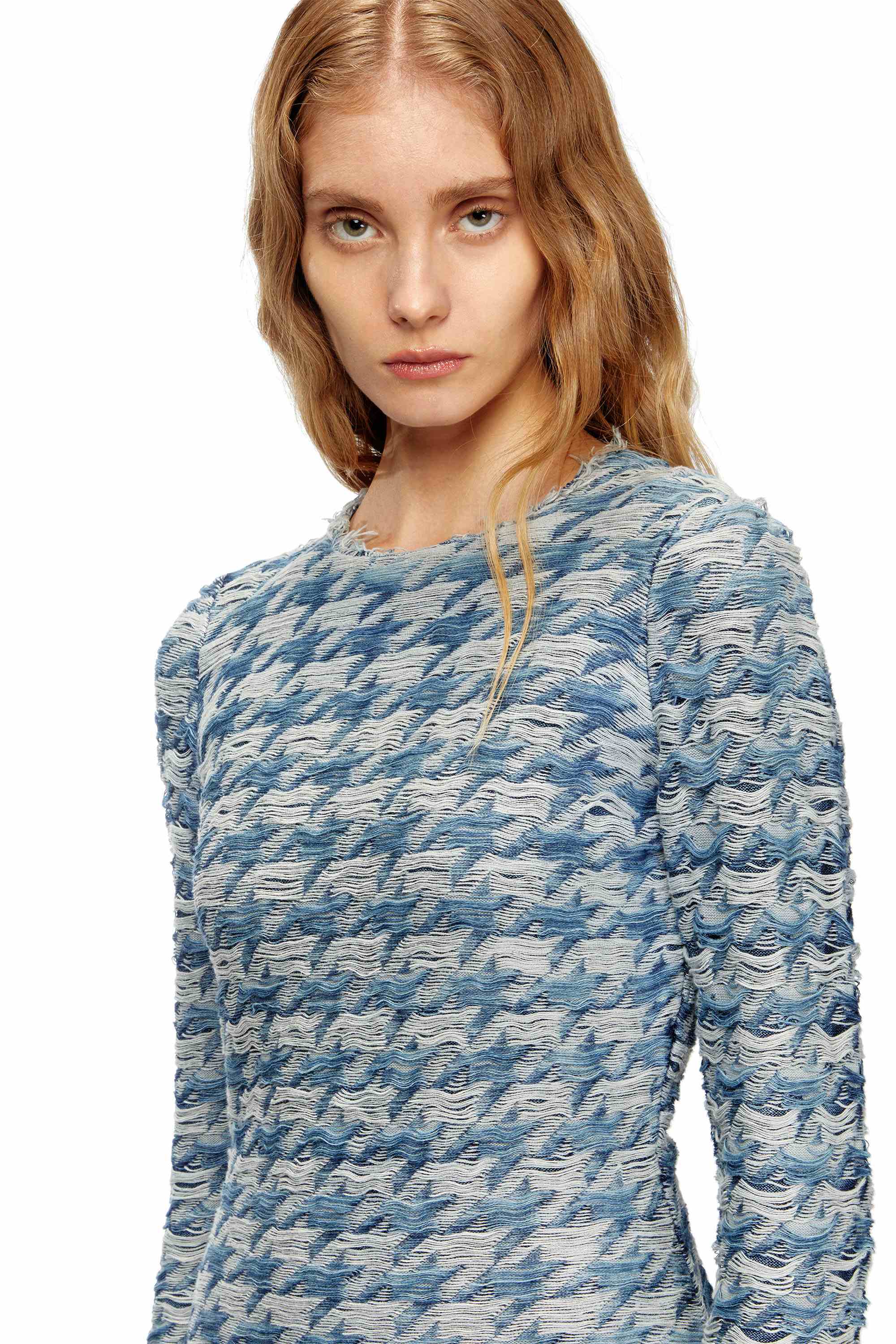 Blue Houndstooth dress with floating yarns