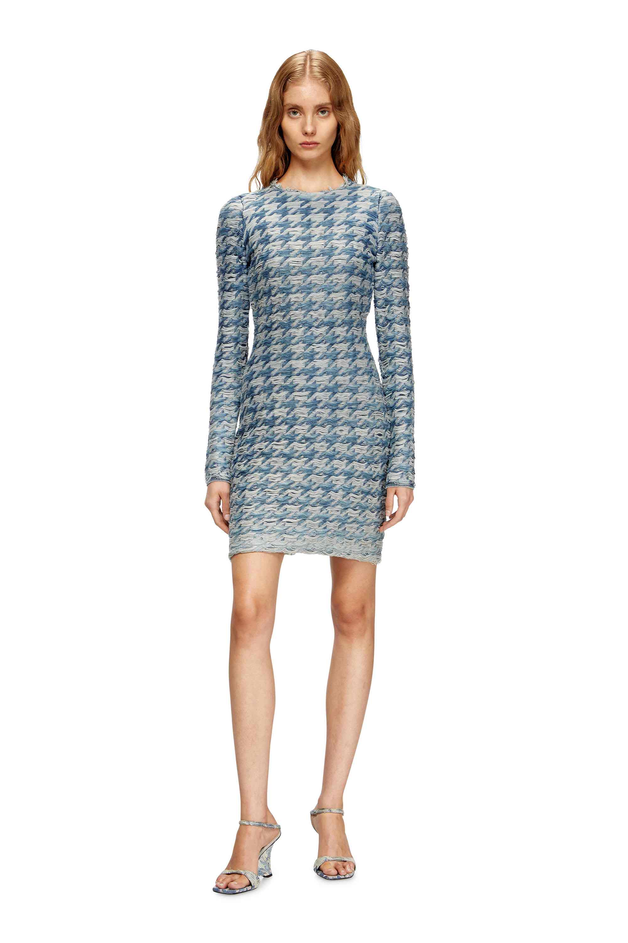 Blue Houndstooth dress with floating yarns