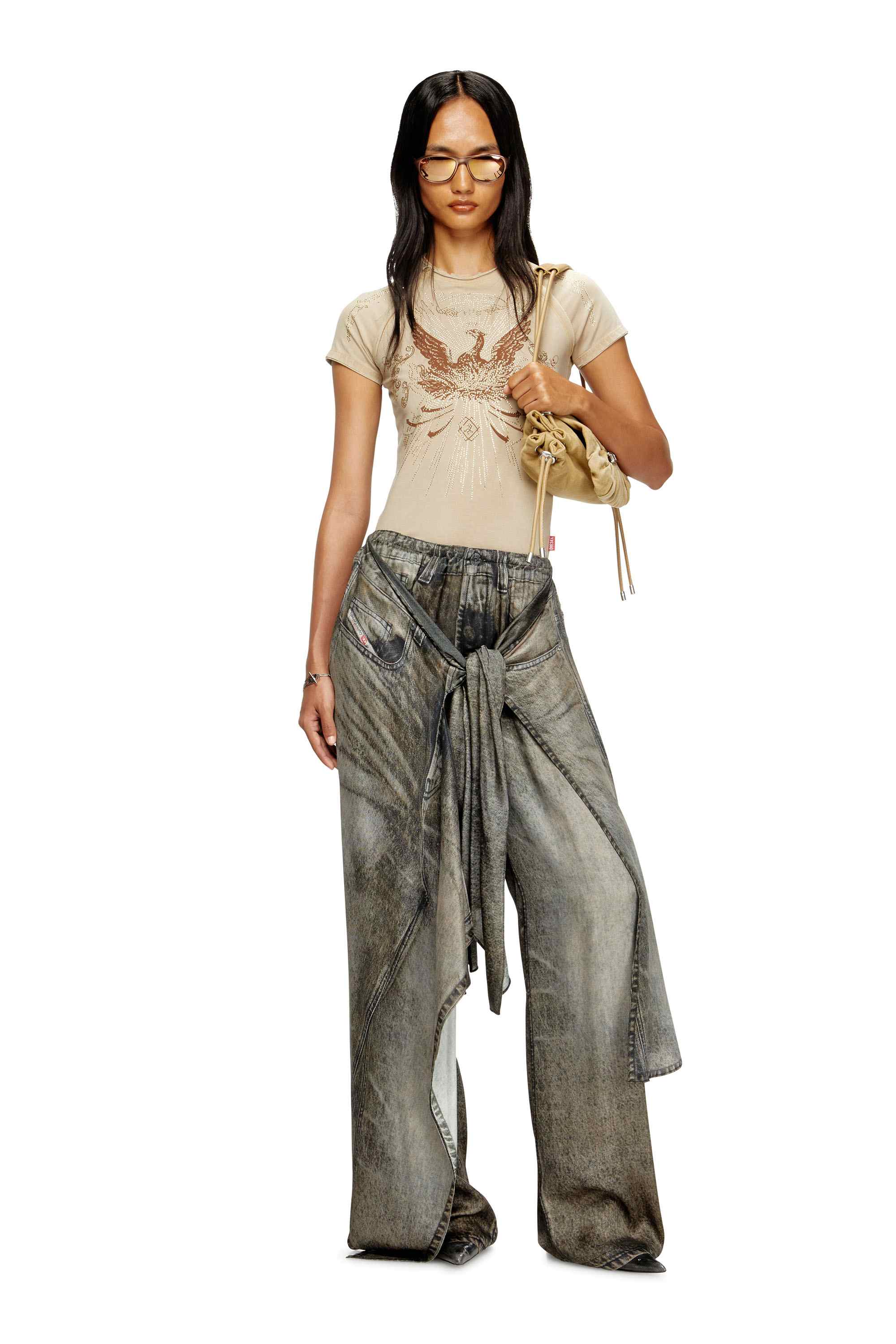 Brown Phoenix T-shirt with rhinestones