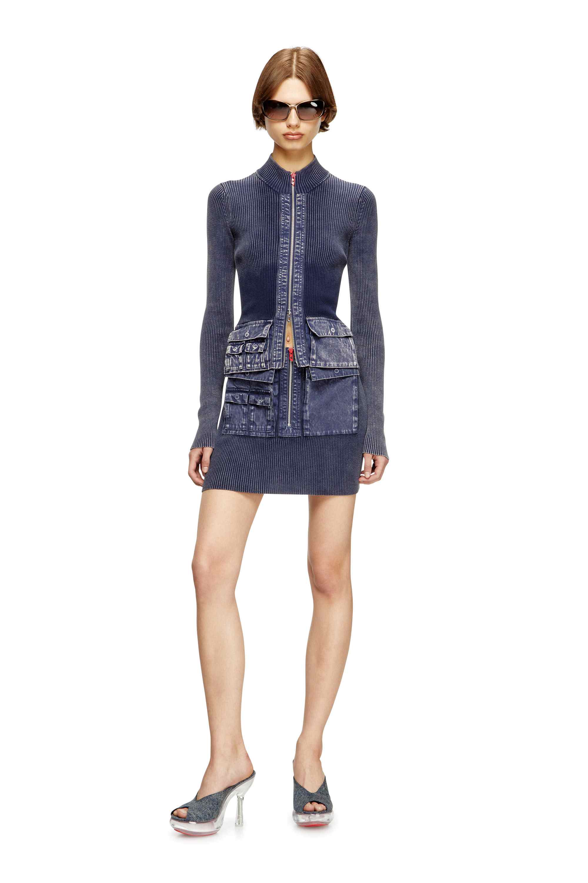 Blue Zip-up cardigan with denim cargo pockets