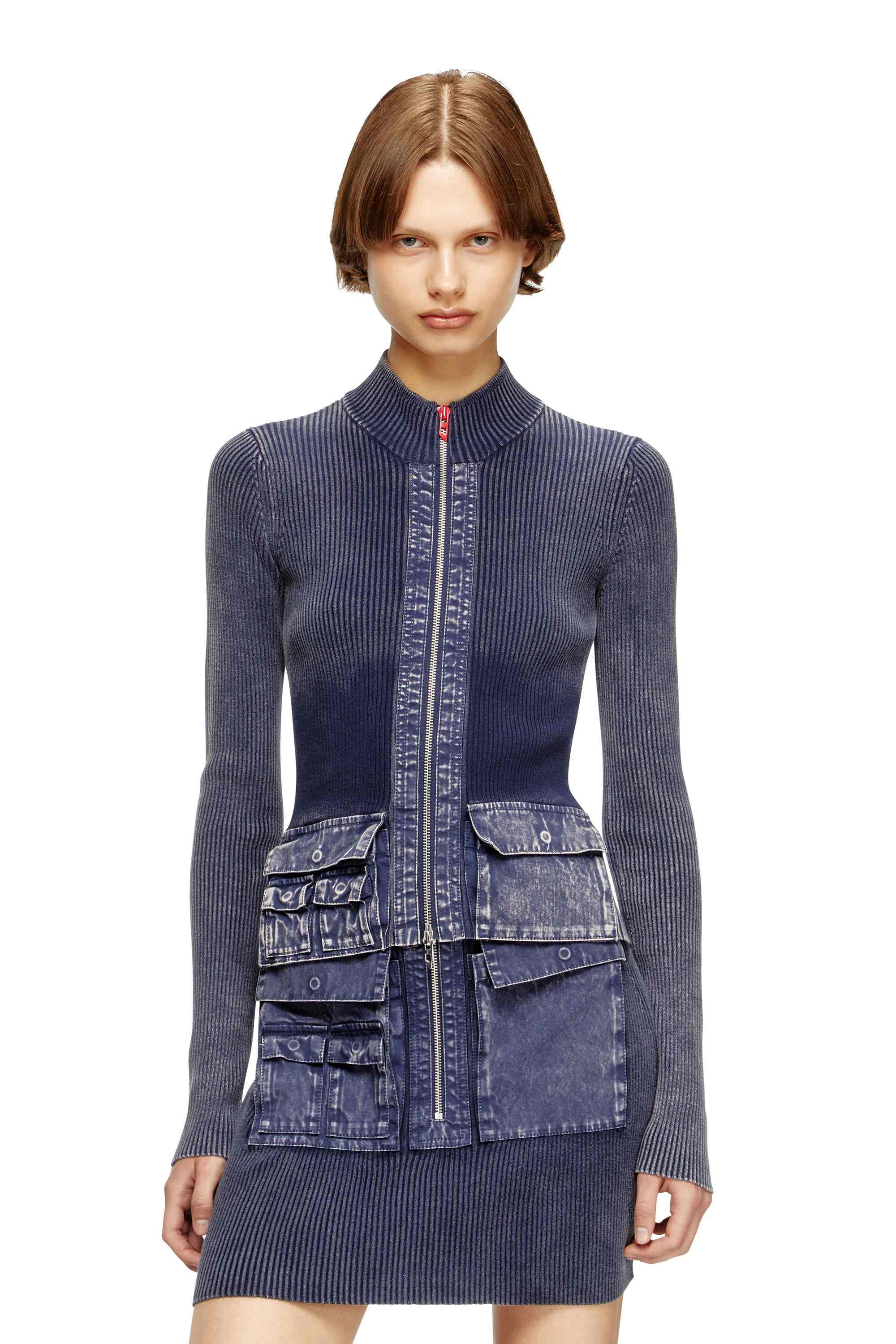 Blue Zip-up cardigan with denim cargo pockets